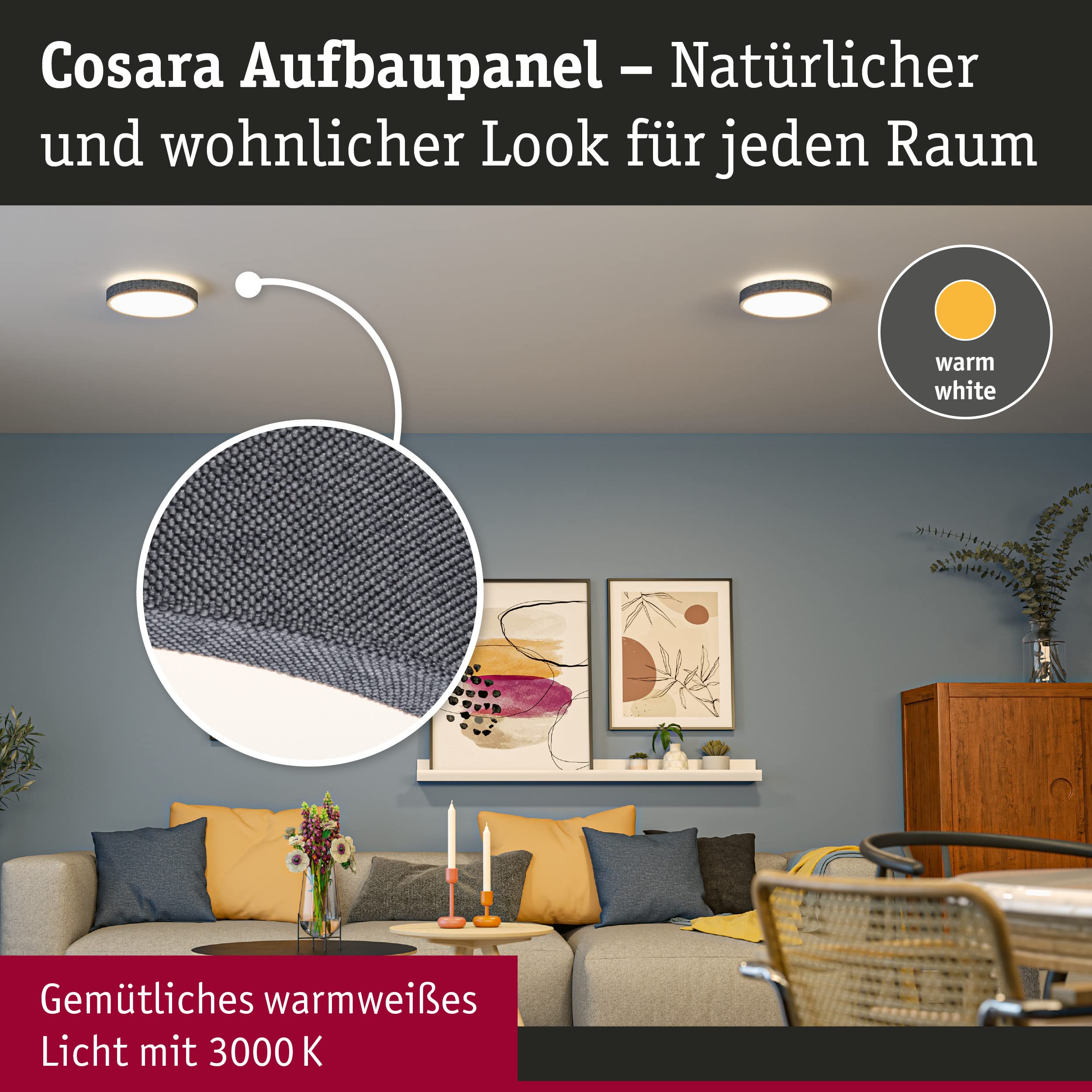 Paulmann 71053 LED Panel Cosara rund 15W IP44 1300lm 300mm Deckenleuchte in Dunkelgrau Kunststoff/Stoff 3000K - Warmweiß Badleuchte
