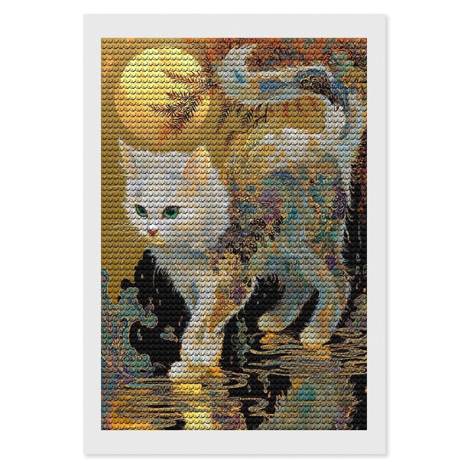 Junmoney Ornate Cat Under Moonlight DIY Diamond Art Canvas Kit 8"x12", Decorate Your Room, Sparkling Round Gems, Fun Craft Experience, Farmhouse Decor