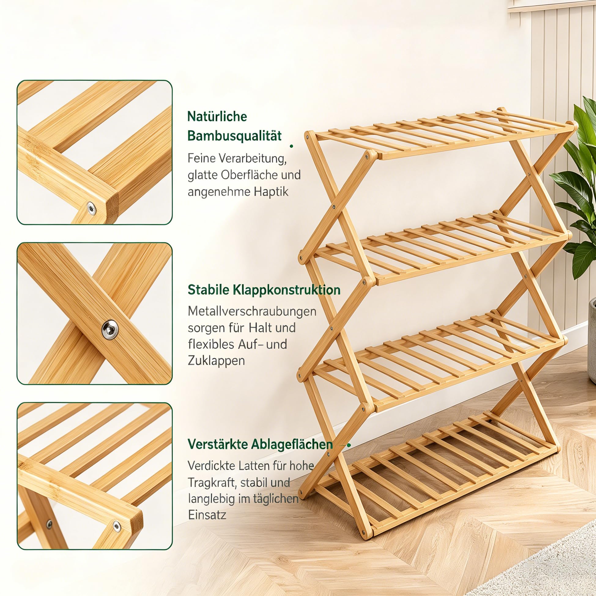 Meuble à Chaussures en Bambou à 4 Niveaux – Pliable, Gain de Place, Aucun Montage requis – Étagère à Chaussures en Bois pour couloirs, entrées, Chambres et Salons