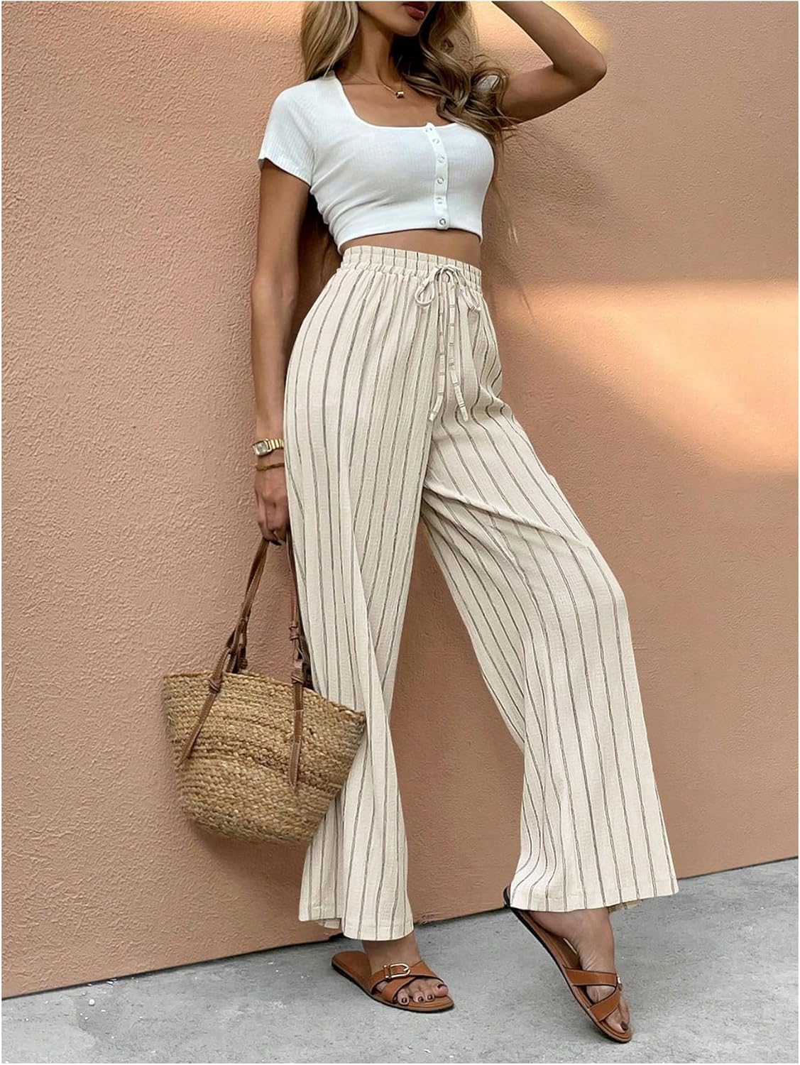 MakeMeChic Women's Striped Linen Pants High Waist Tie Front Drawstring Palazzo Pant Trousers - Image 5