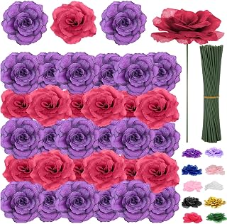 108pcs Roses Head Flowers with Stem - Red & Purple Artificial Flowers Rose Bulk - Silk Rose Purple & Red Fake Flower for Fall Wedding Bouquet Decor DIY Baby Shower Centerpieces Grad Party Tables Decor