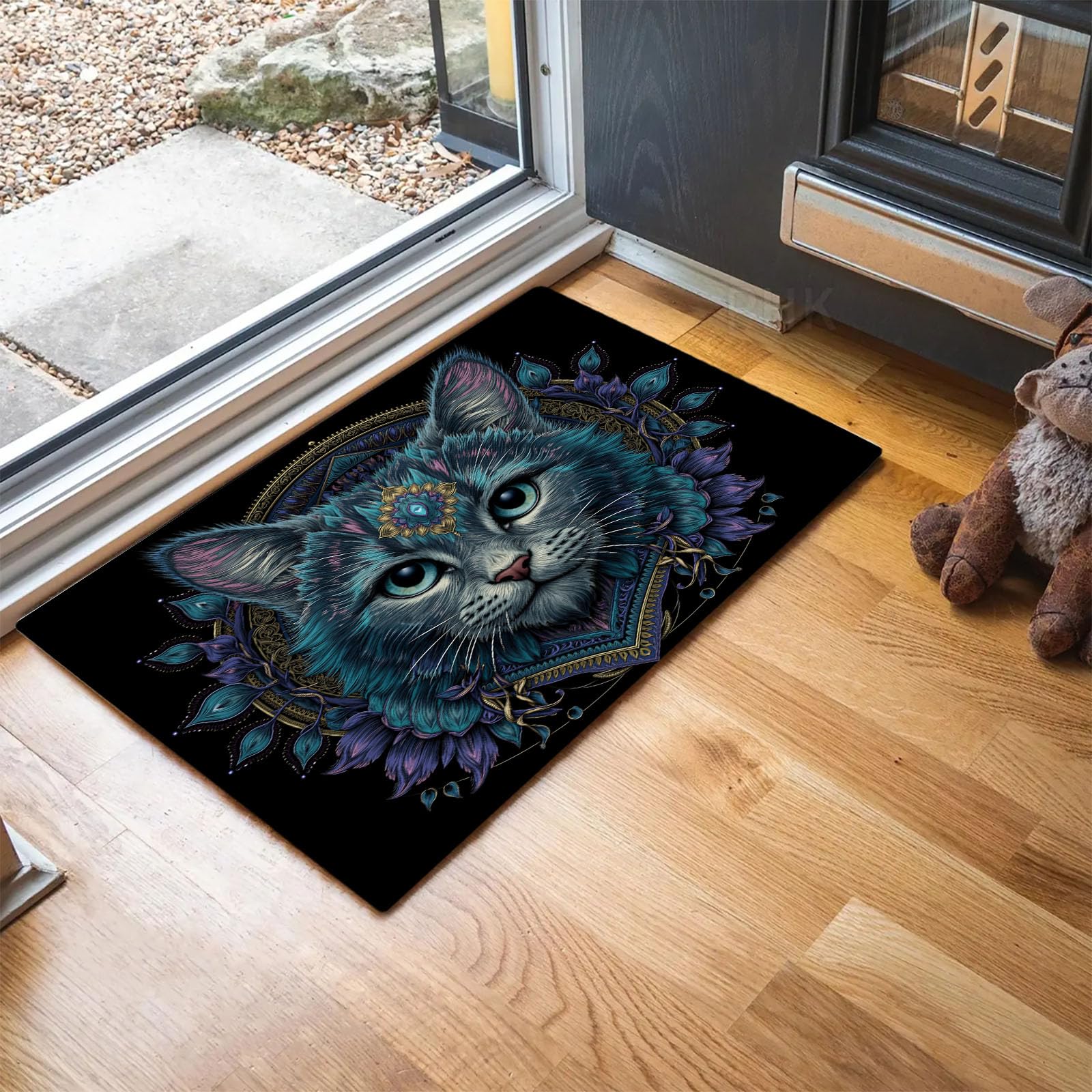 Tapis chat mandala turquoise 90x150 cm pour entrée et intérieur lavable
