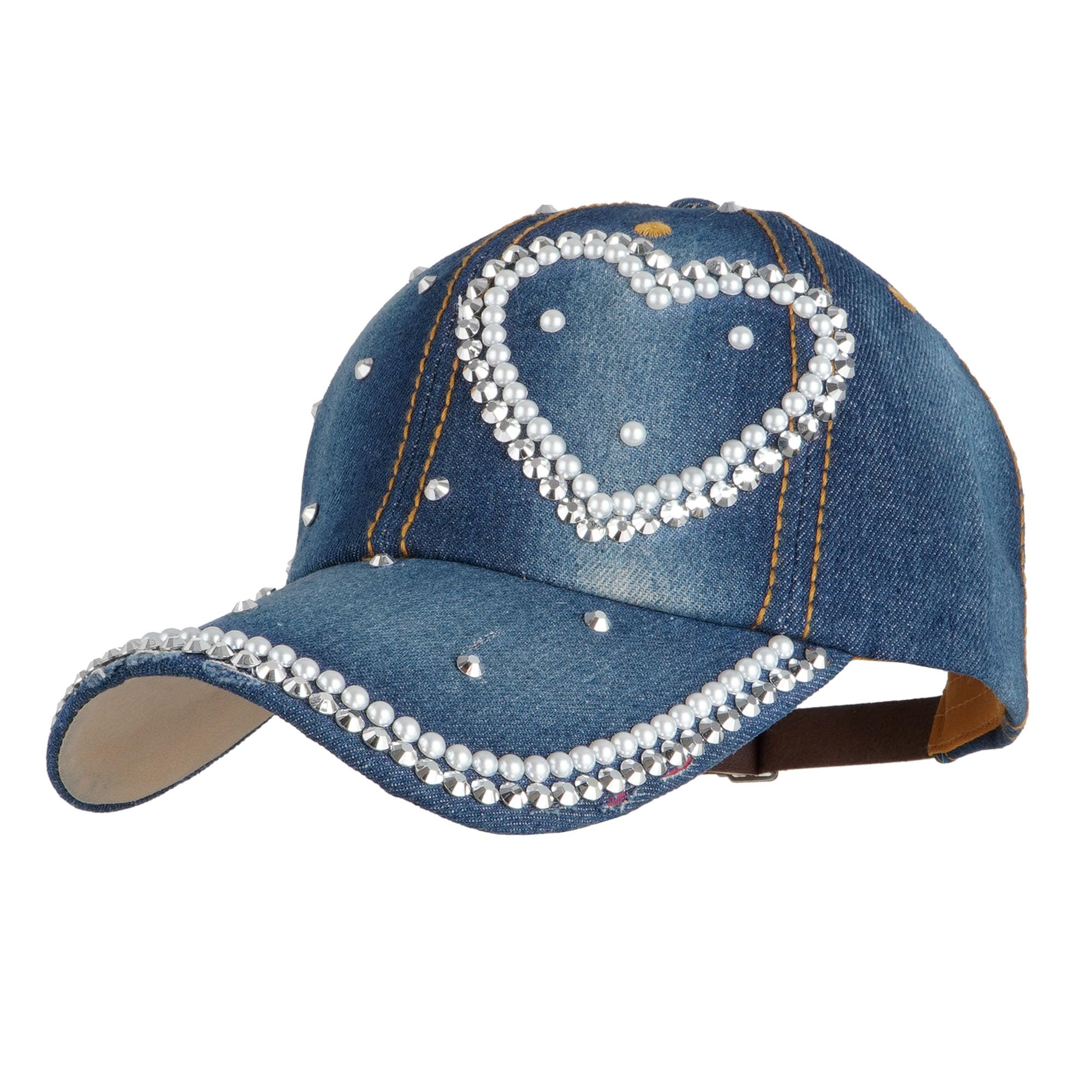 Berretto Baseball Donna Con Perle E Strass – Cappello Bling Regolabile, Visiera Decorata, Vintage Denim
