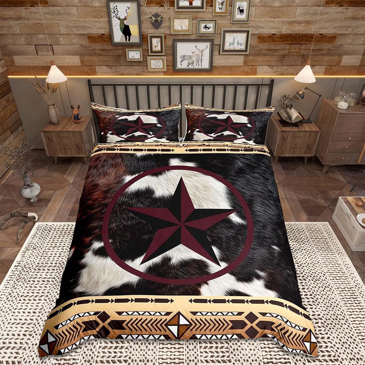 Homemissing Western Texas Star Duvet Cover Single Size Boys Girls Cow Fur Print Bedding Set Breathable Soft Western Farm Animal Skin Duvet Cover 2Pcs Cowboy Bedroom Decor Red White Black — image 1