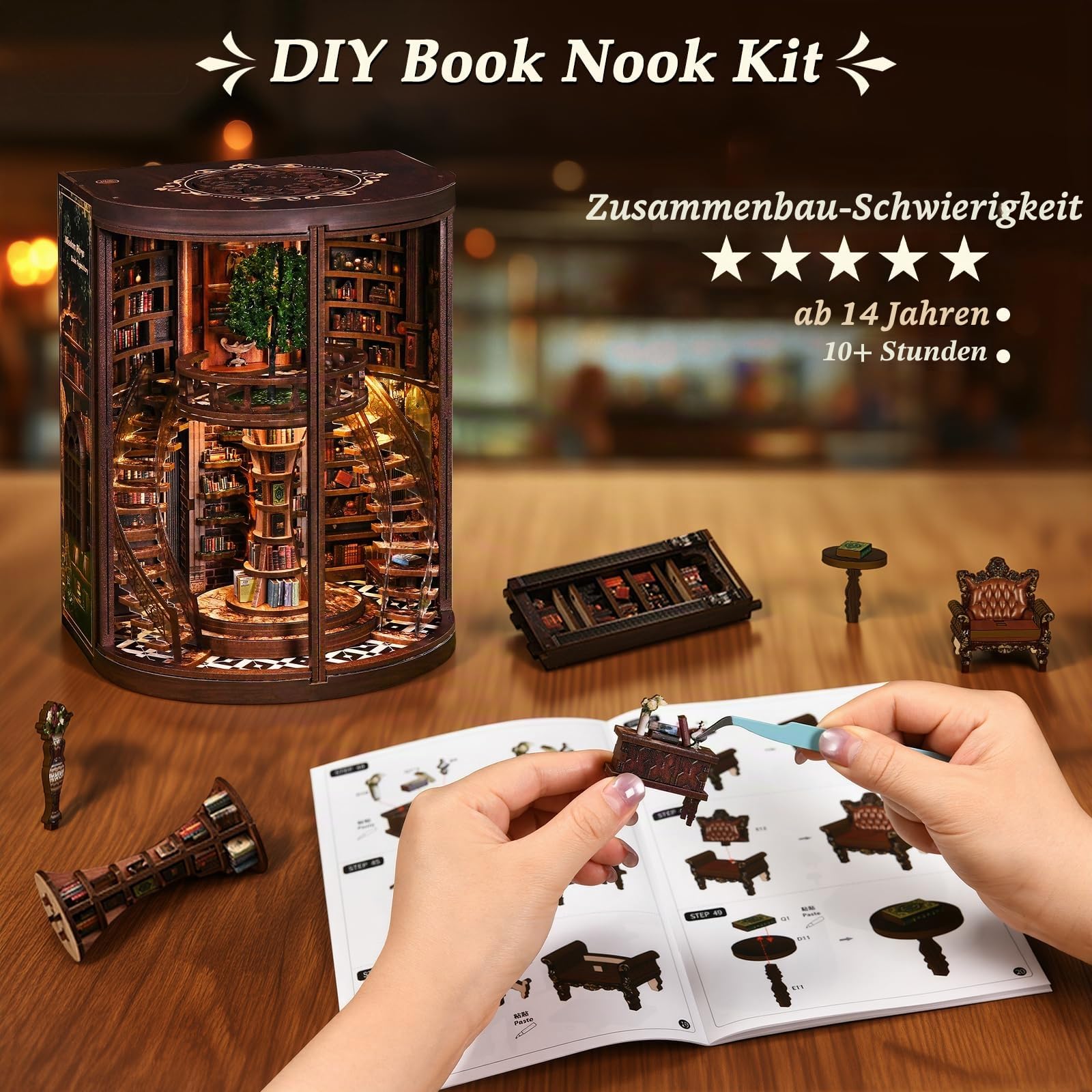 Book Nook Kit Profi DIY Holz Bücherregal Einsatz mit LED Licht – 3D Miniatur Bibliothek mit Doppel-Spiral-Treppe, Anspruchsvolles Holzpuzzle für Erwachsene, Sammler Booknook (Jahresringe der Weisheit)