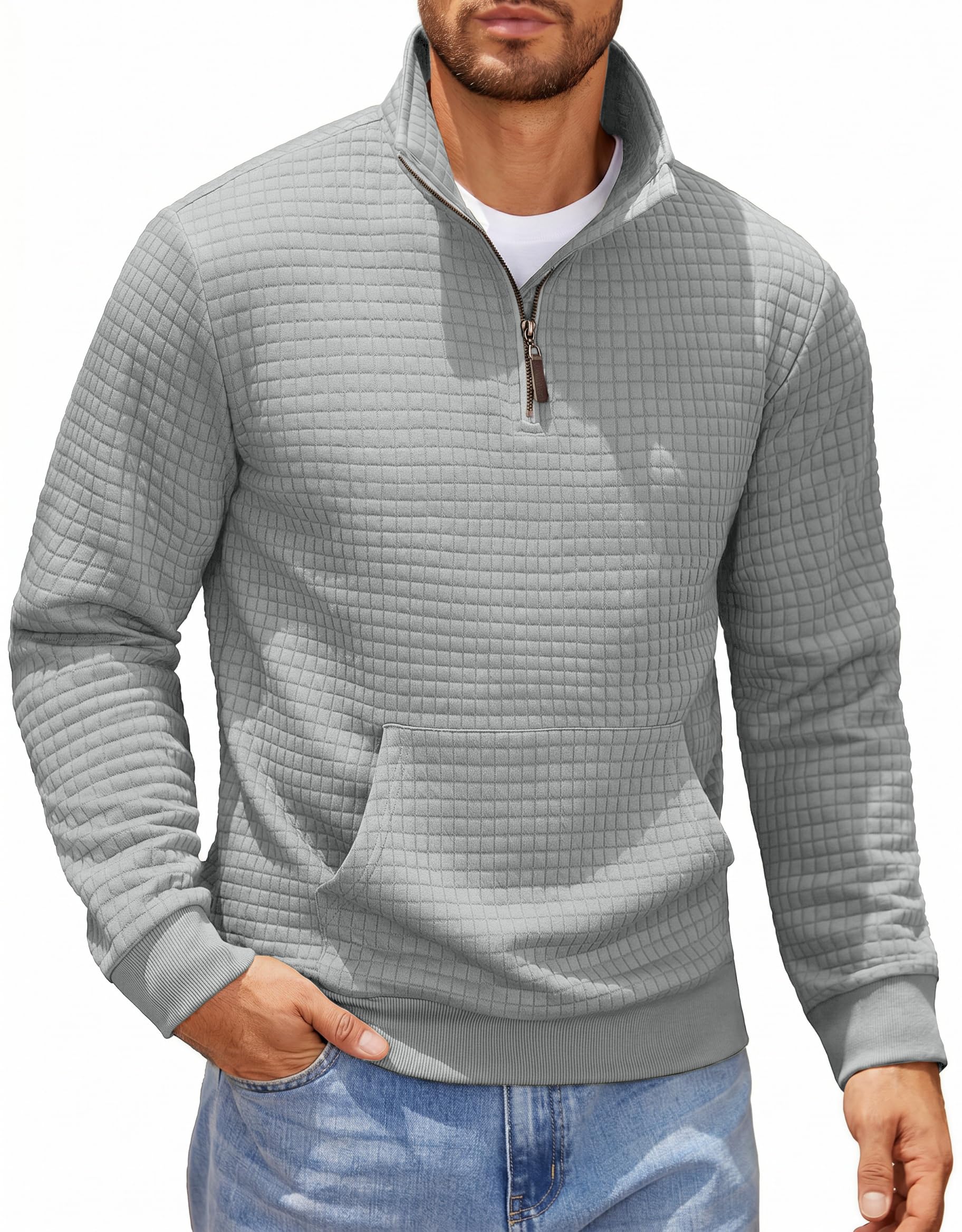 Mens Quarter Zip Sweatshirt Long Sleeve Casual Waffle Pullover Hoodies with Pocket