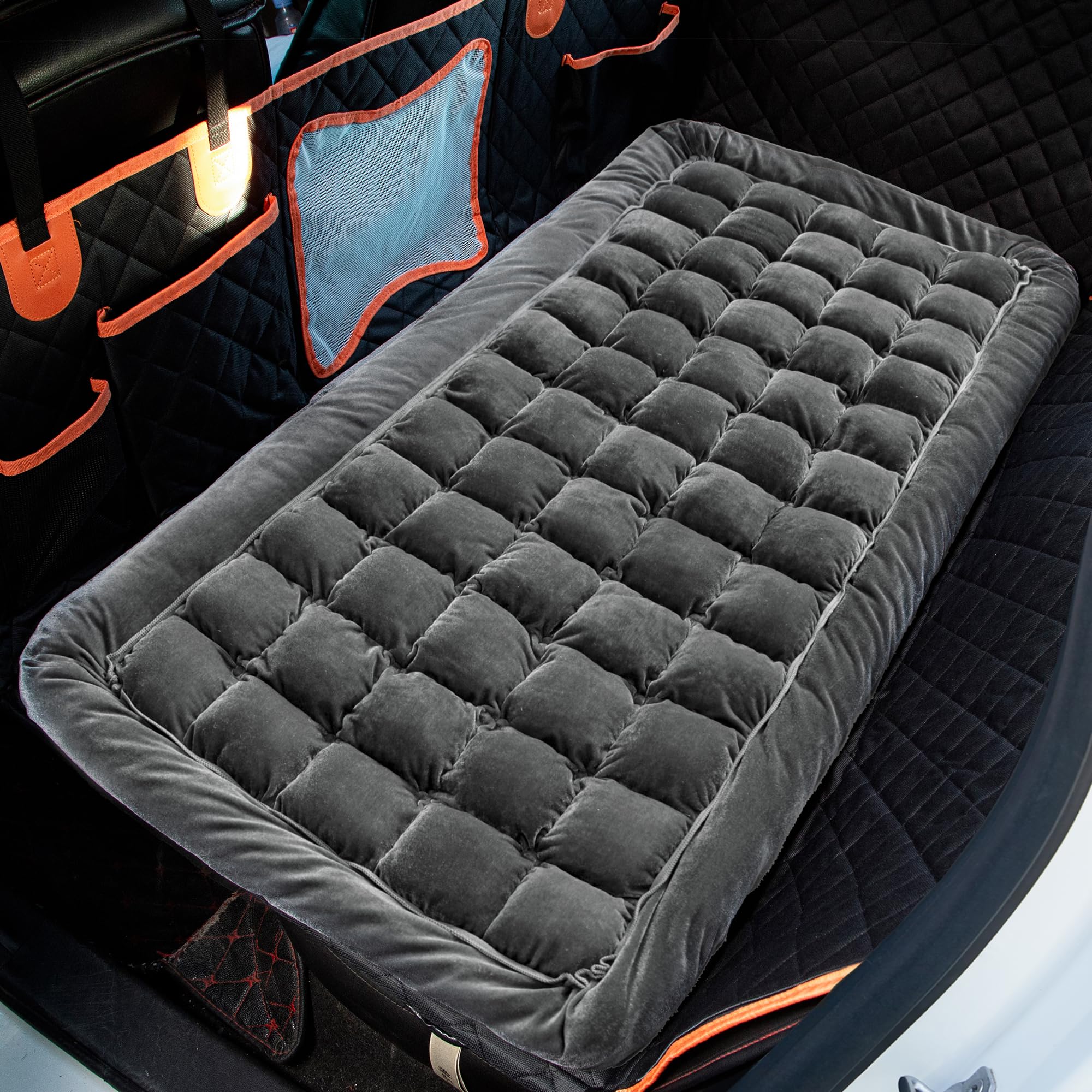 Photo 1 of Soulbond Dog Bed for Car Back Seat Soft Plush Backseat Pet Bed Mat Non-Slip Travel Pet Mat, Fuzzy Plaid Dog Seat Cover, Fit for Backseat Extenders and Trucks SUVs (Glossy-Dark Gray, 54" x 24.8")