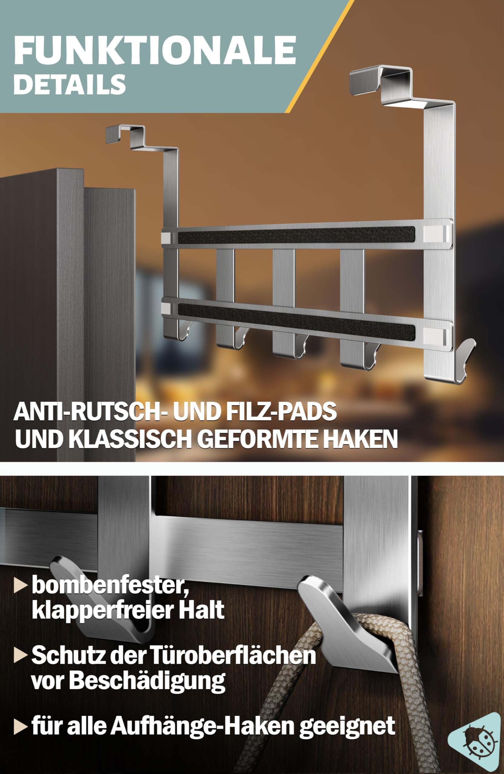 Menz Premium Türgarderobe - Edelstahl Türhakenleiste Innenseite, belastbare Türhaken zum Einhängen Tür-Rückseite - Hochwertige Türgarderobe mit 5 Haken zum Einhängen