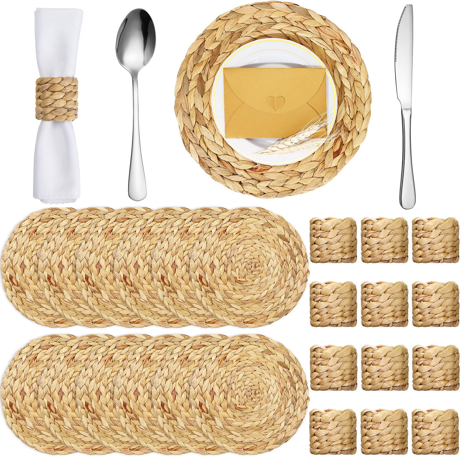 Zhehao 24 Pcs 12" Round Water Hyacinth Placemats and Napkin Rings Set