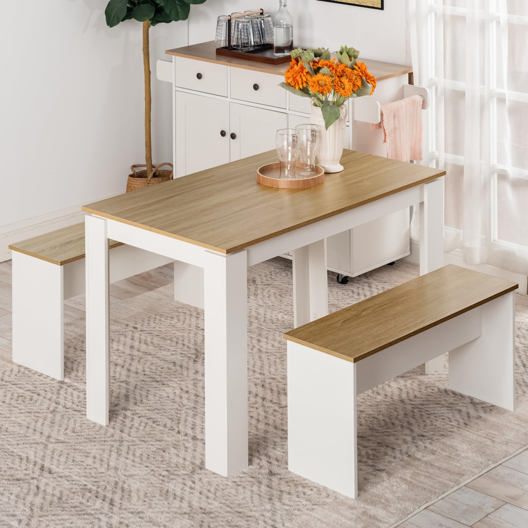 Set di 2 panchine per tavolo da pranzo, panchine da cucina, panca da tavolo da pranzo, 90 x 30 x 45 cm, panca in legno, camera da letto o cucina, rovere + bianco