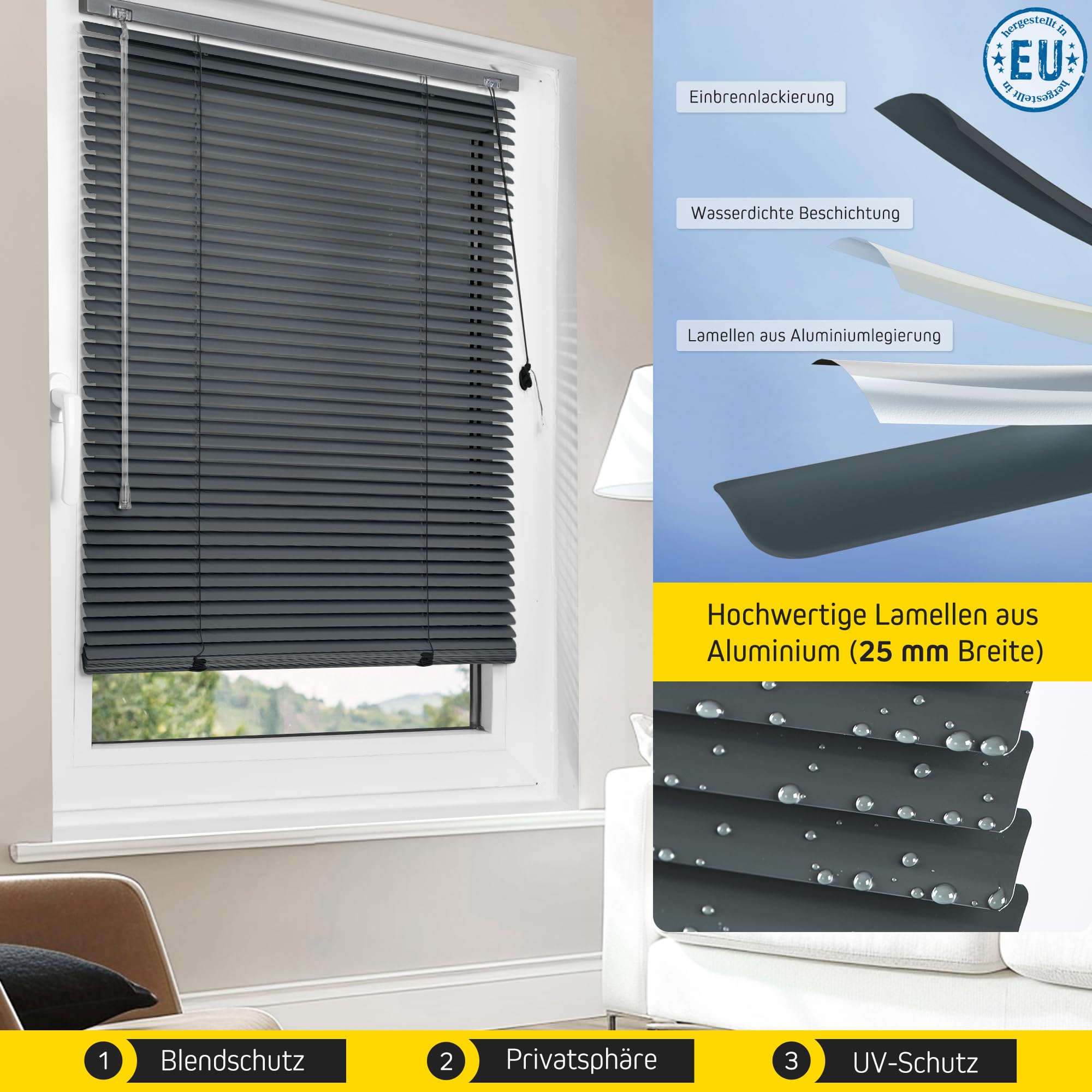 Jalousiescout Persiana Veneciana sin luz Persiana Veneciana de Aluminio, innovadora tecnología de oscurecimiento, protección de la intimidad, sin taladrar, 150 x 250 cm, Gris Oscuro Mate