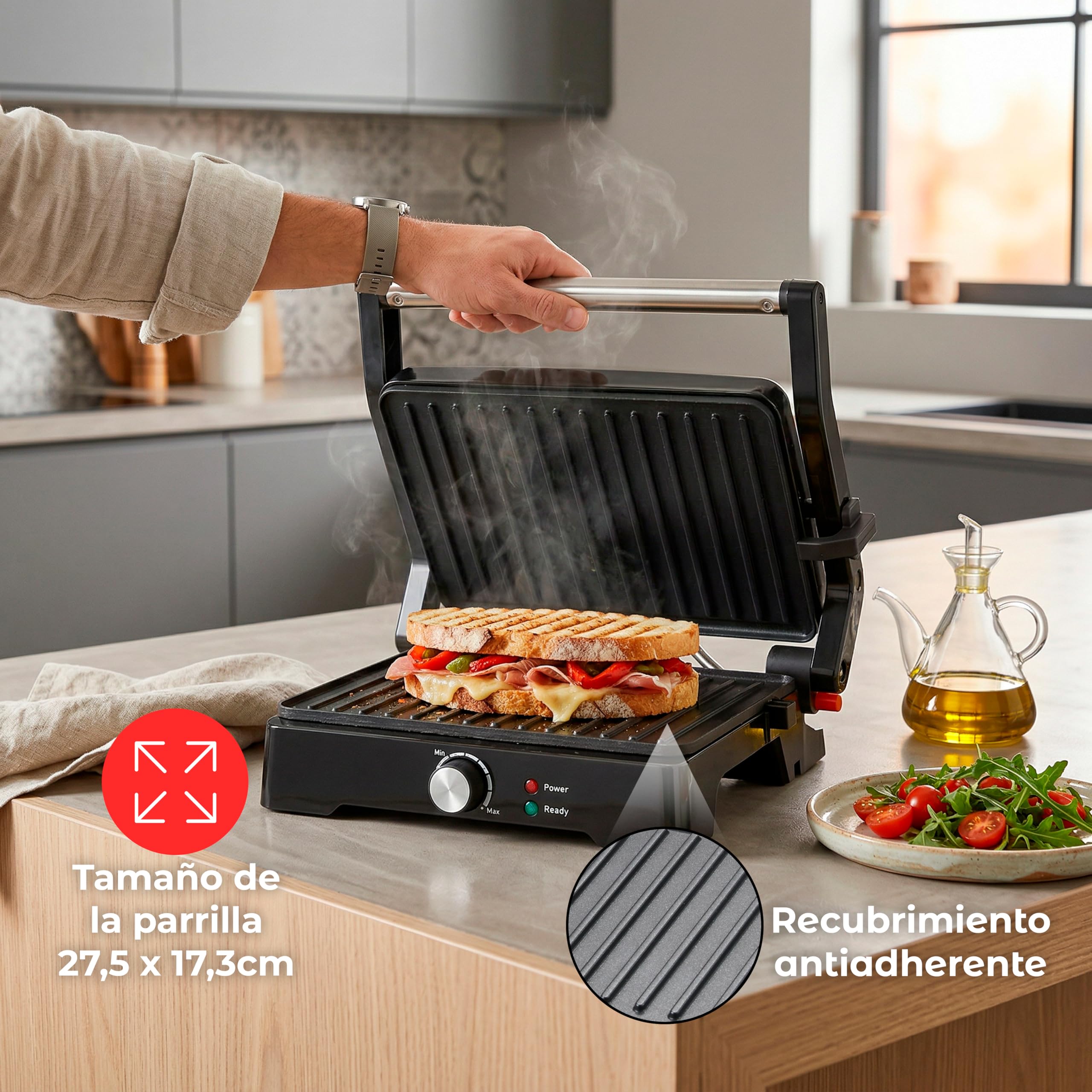 Fagor RoastGrill Grill multifunzione, superficie di cottura XL (27,5 x 17,3 cm), apertura 180°, manico freddo