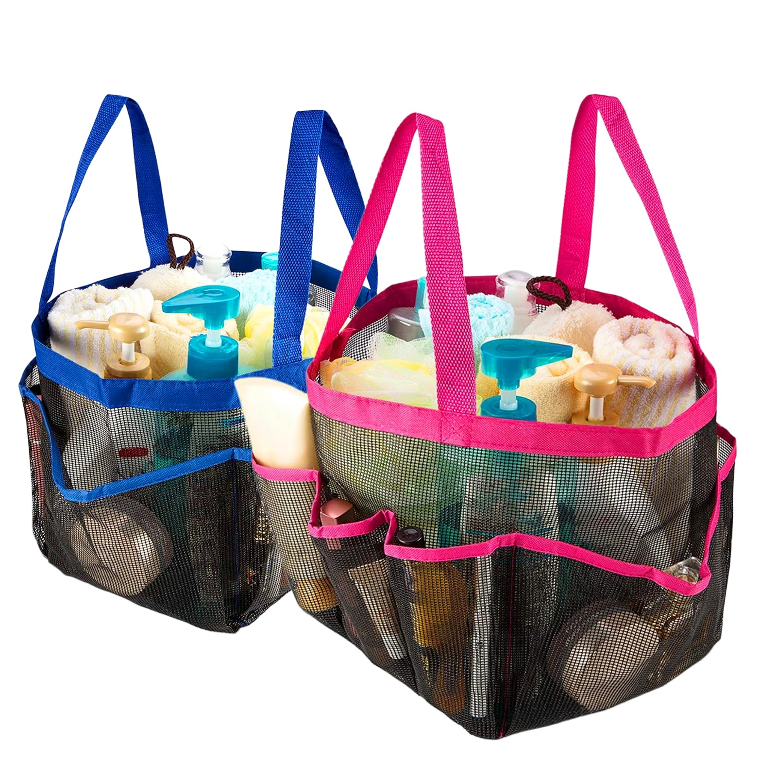 2 Stück Duschtasche Camping, Haundry Mesh Dusche Caddy Tote mit 2 Griffen, 21x18x22cm Camping Duschtasche mit 8 Taschen, für Wohnheim, Fitnessstudio, Strand, Reisen Oder Camping, Bad, Rosa & Blau