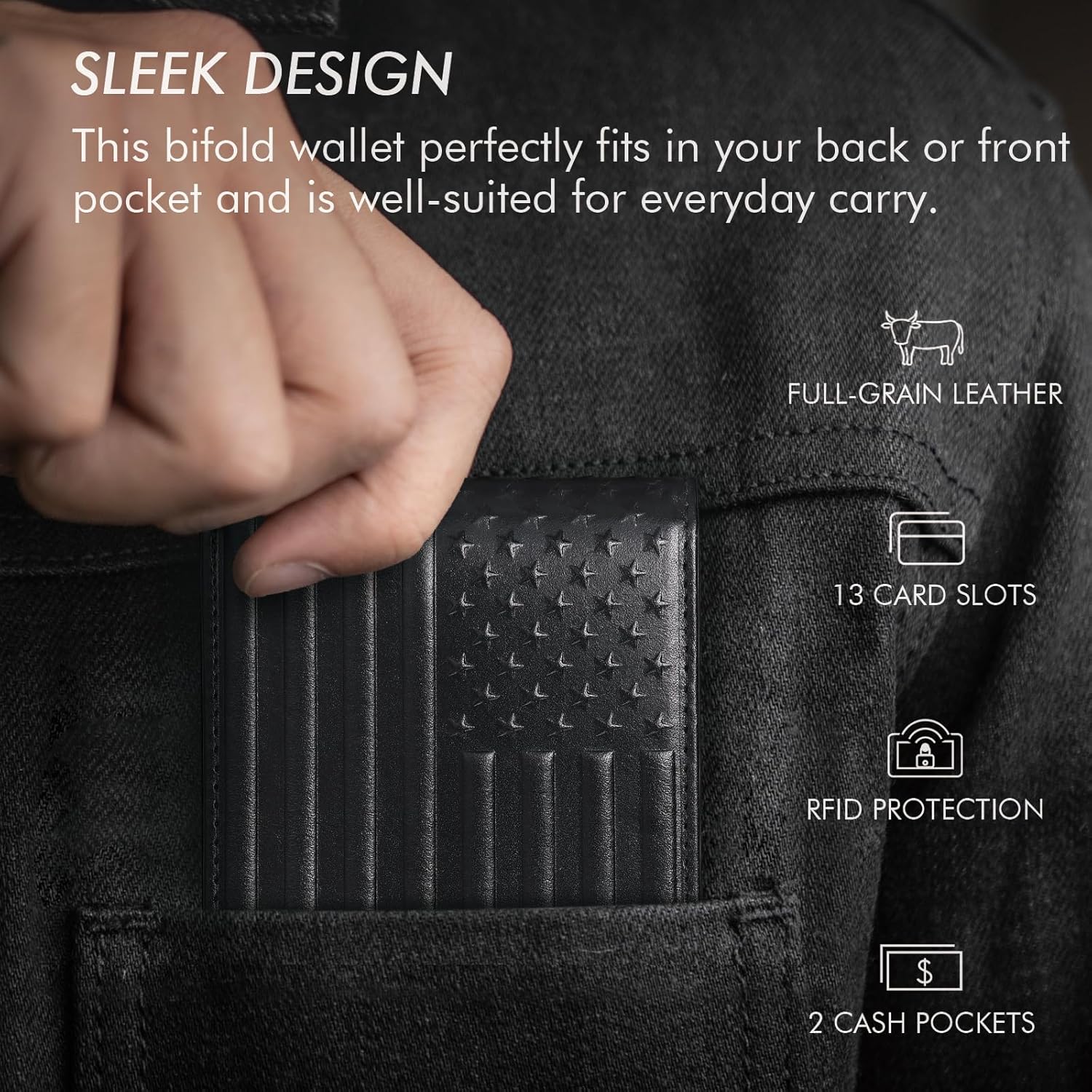 Full Grain Leather Wallet for Men, RFID Blocking, Mens Wallet Bifold with 2 ID Windows, Billfold with 13 Card Slots, Leather Gift for Men, American Flag Wallet Black - Image 6
