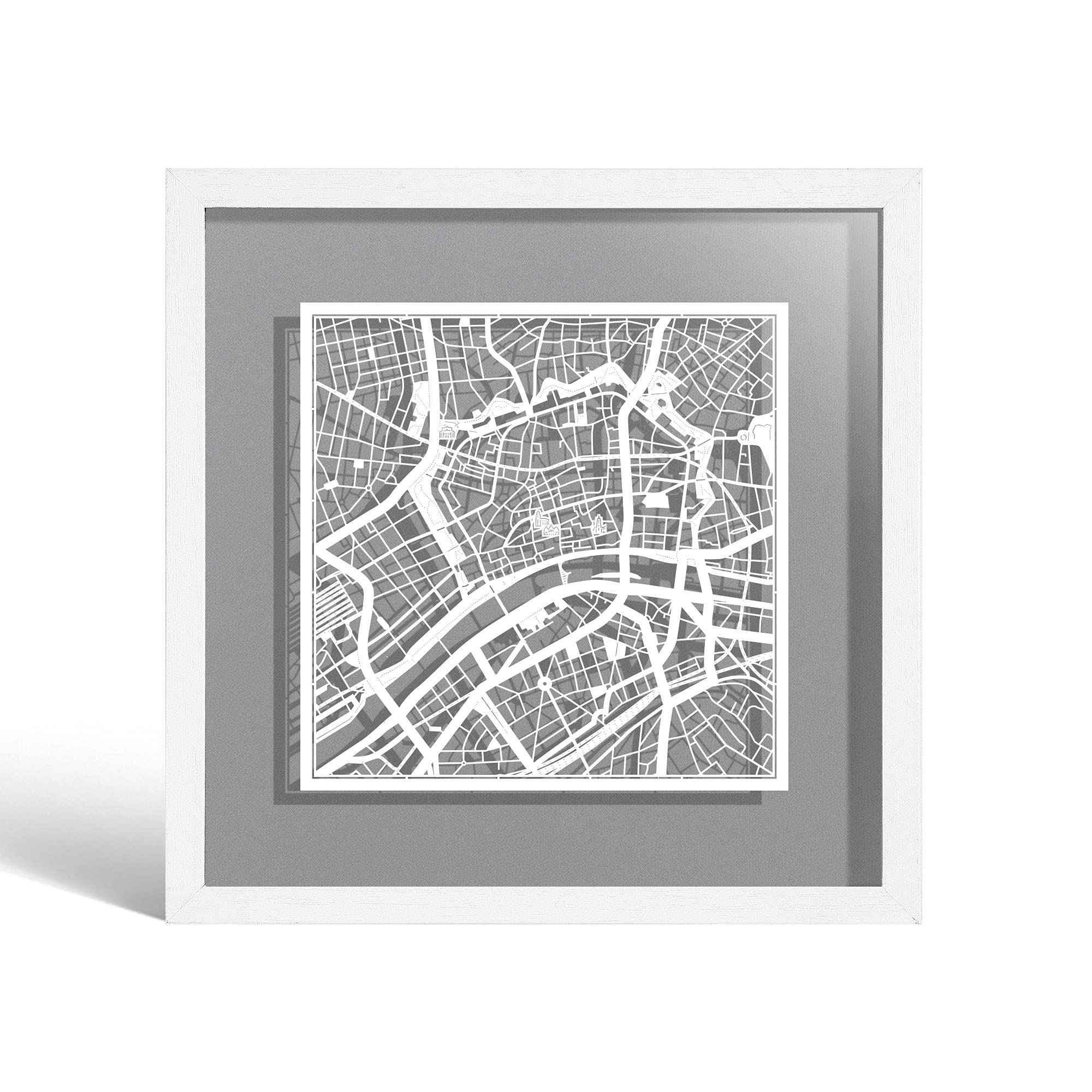 O3 DESIGN STUDIO Frankfurt am Main Paper Cut Map framed, White map, White frame, 23x23 cm, Gift Boxed, 4 background color, self-changing, Paper Art