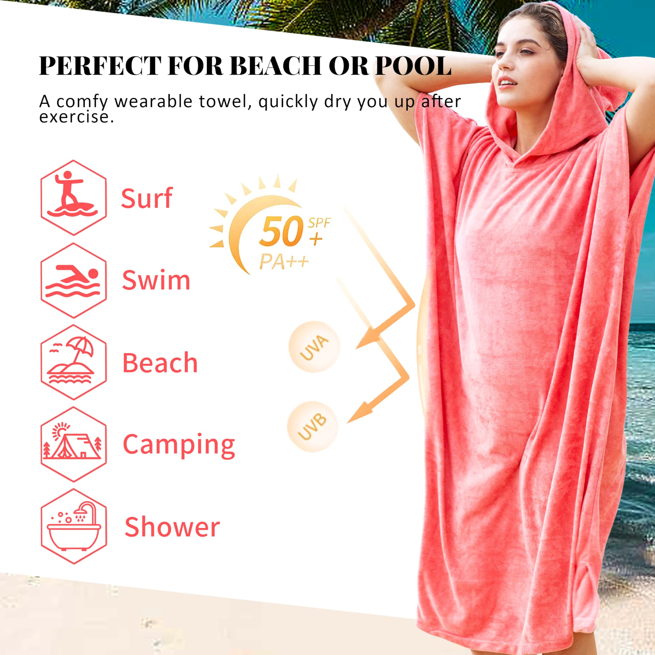 Catalonia Poncho de surf para adultos, hombres y mujeres, poncho de cambio con capucha para surf, natación, baño, absorbente de agua, de gran tamaño, rosa
