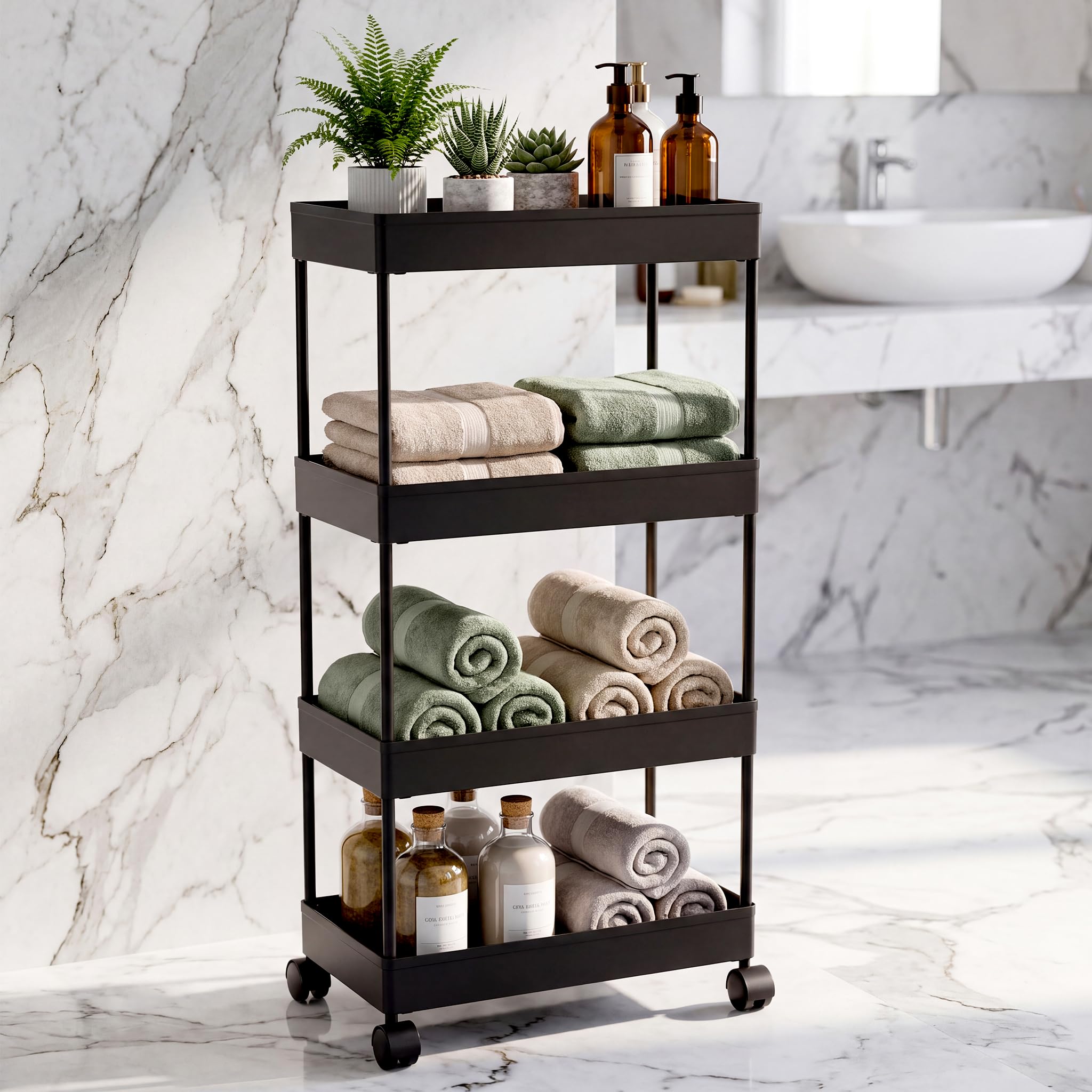 TEX-RO Plastic Storage Rack for Bedroom | Shelf for Bedroom | Bathroom Storage Rack | Trolley for Kitchen Storage | Multipurpose Storage Rack (Black, 4 Layer)-image-32