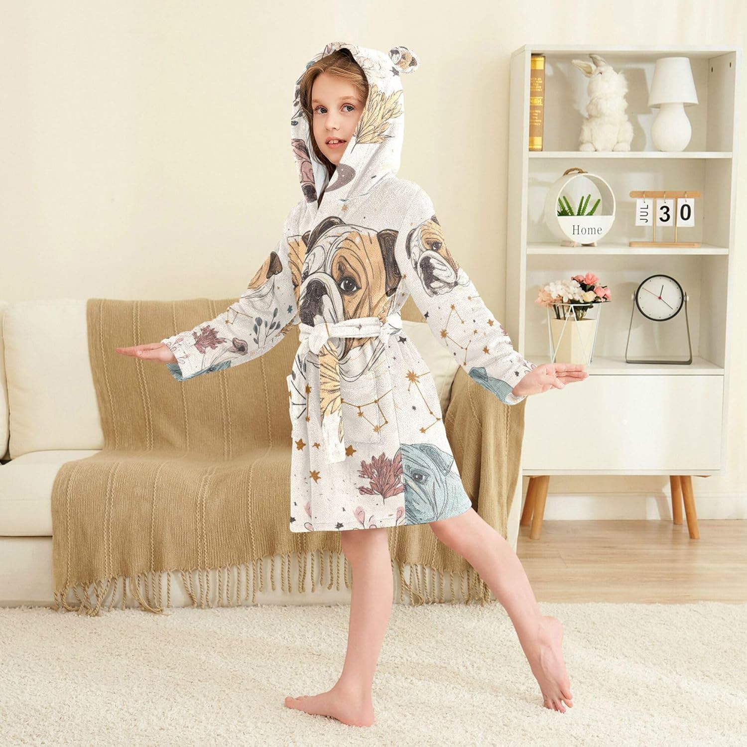 Bohemia Bulldog Star Dog Bathrobe Hooded PJ Robe Soft Fleece Robe Pajama Sleepwears 2-12 Years