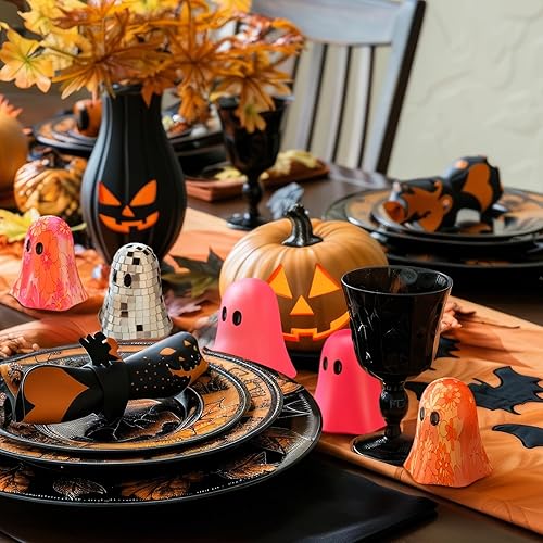 Miniatura 7 de Amyhill 9 figuras hippie de fantasmas de Halloween, decoración de fantasmas de discoteca con bandejas, decoración retro de Halloween, centros de