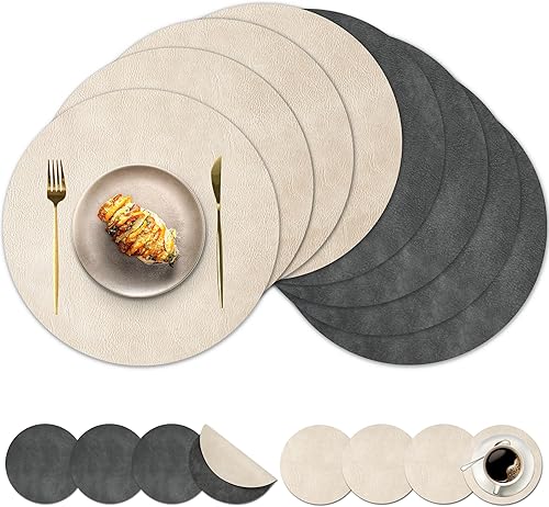 Miniatura 29 de Juego de 6 manteles individuales redondos y posavasos, manteles individuales reversibles lavables de cuero sintético con patrón de cuero de vaca,