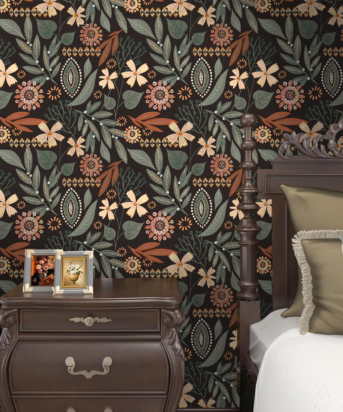 Floralplus Peel and Stick Wallpaper Boho Dark Floral Wallpaper for Bathroom Renter Friendly Wallpapers Boho Vintage Leaf Contact Paper for Bedroom Removable Wall Mural 17.5 x 393 in