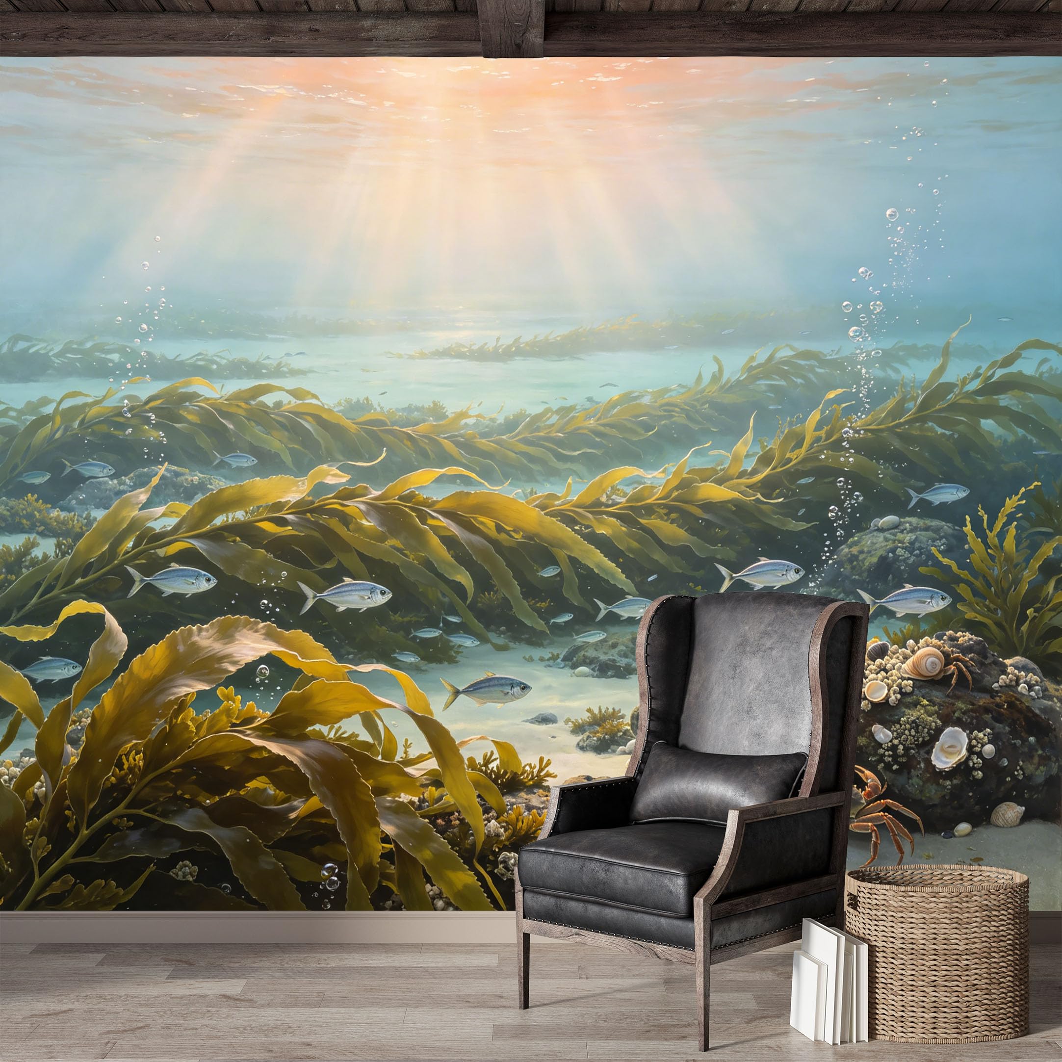 Custom Size Wall Mural,Underwater Kelp Forest Ocean Life Realistic Painting Premium Water Activated SelfAdhesive Wallpaper,Removable Wall Covering for Indoor Home Decor