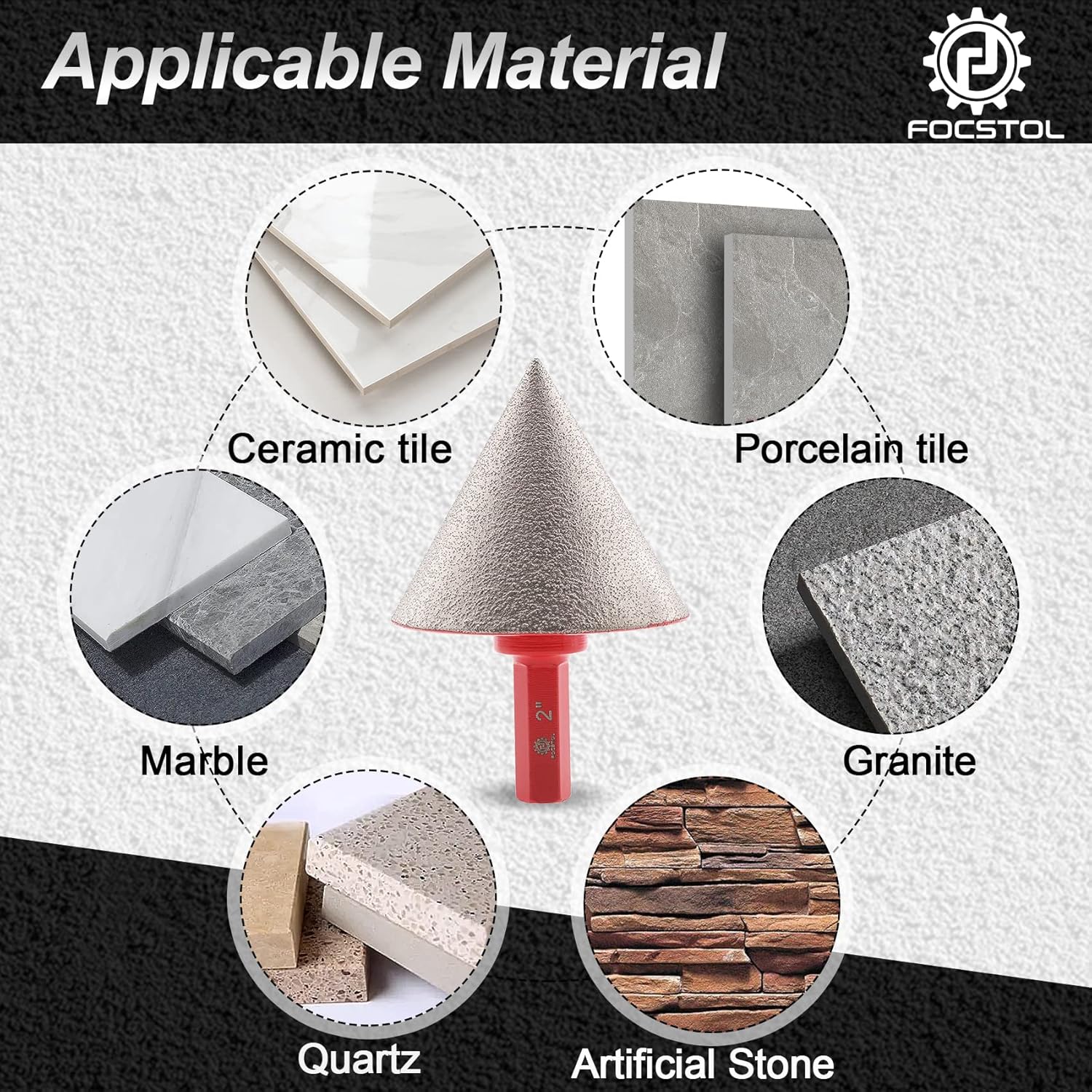 FOCSTOL Diamond Beveling Chamfer Bit - 2''(50mm) Countersink Drill Bits with Hex Shank for Existing Holes Enlarging Shaping Trimming in Tile Porcelain Ceramic Granite Marble