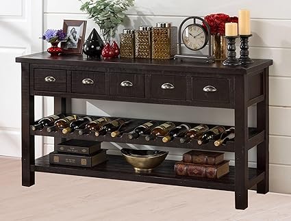APRODZ Mango Wood Wine Storage Stylish Side Table Kiowa Bar Cabinet for Living Room | Dark Brown Finish