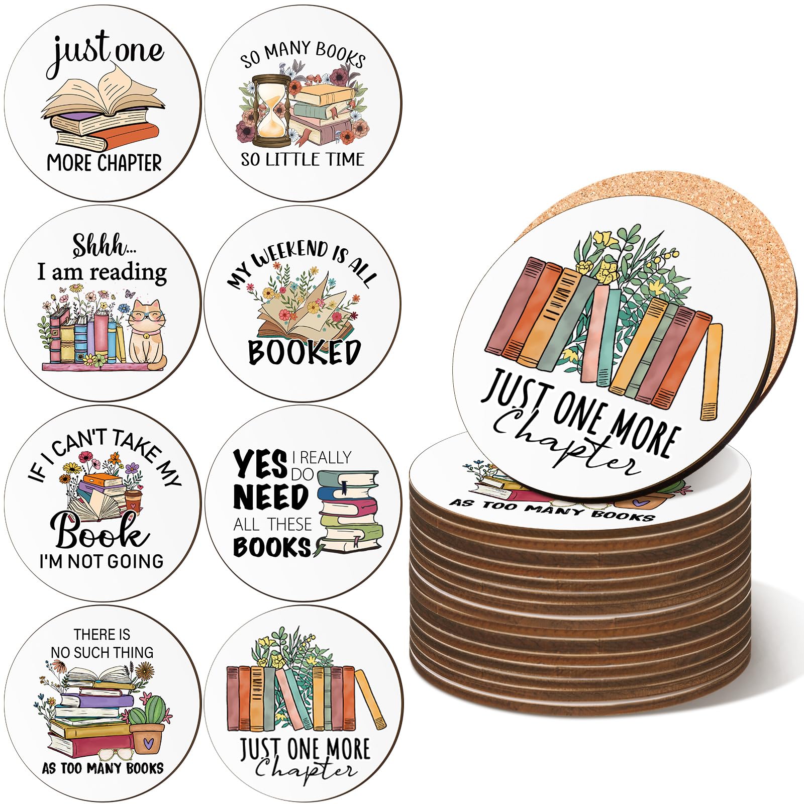 Amazon.com: Hushee 8 Pcs Book Lovers Coaster Gifts Wooden Coffee