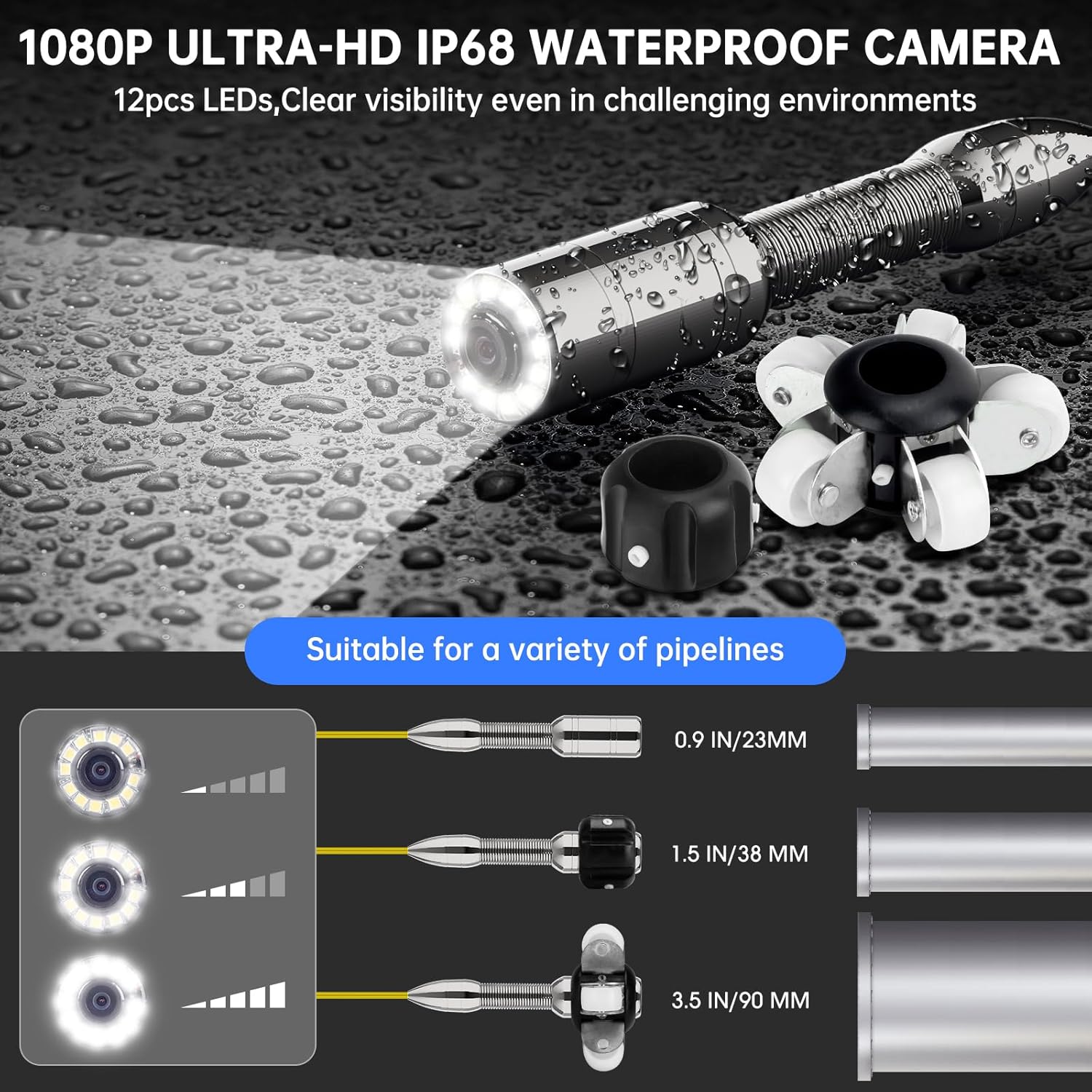 Sewer Camera 150ft,W/ 9'' Ultra HD 16GB DVR Screen (36X Zoom in),1080P JQKJCAM 23MM Pipe Endoscope Drain Camera Snake with 12 Bright Light,Meter Counter for Plumbing Sewer Inspection (50M/165FT)