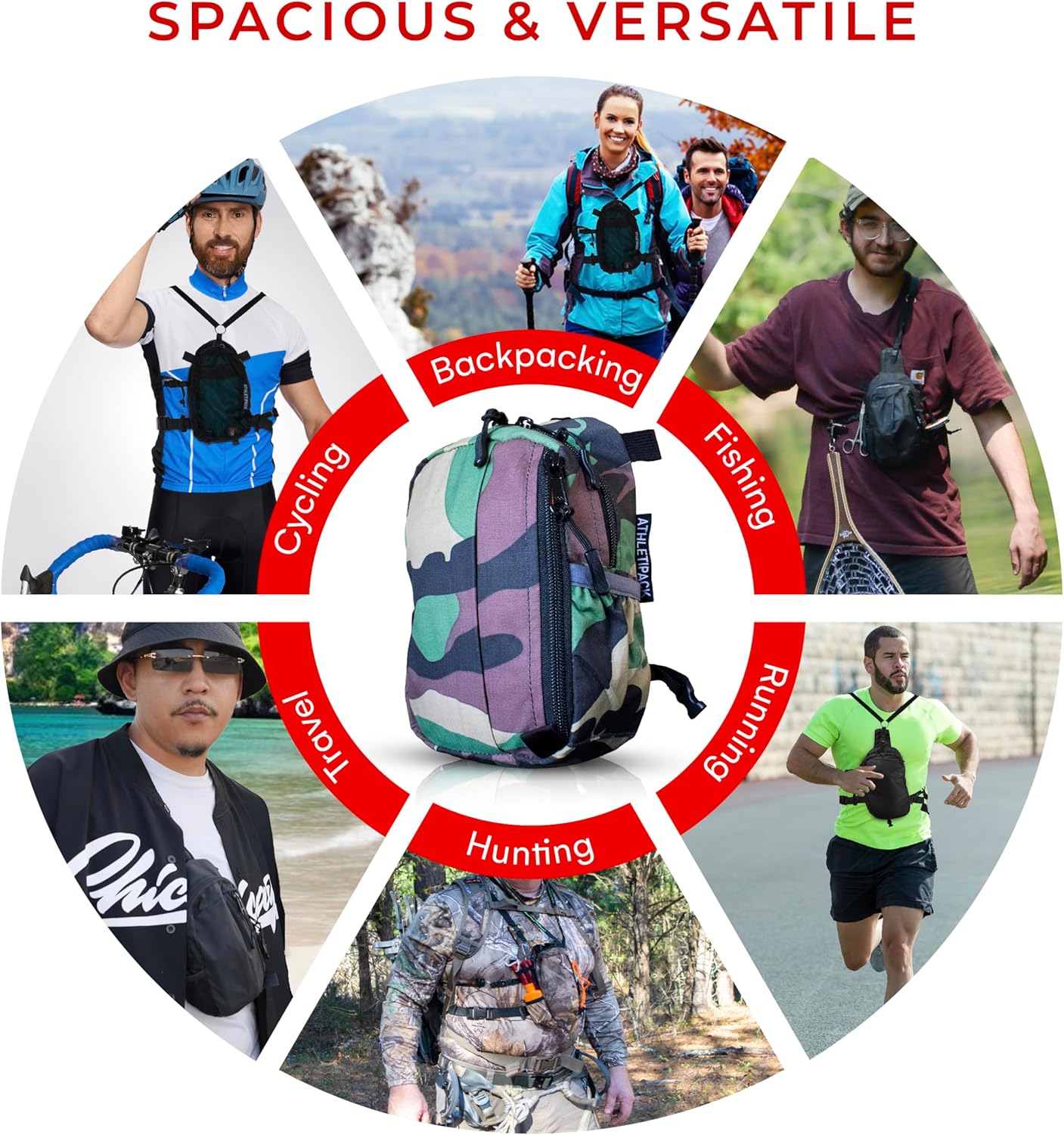 Camo - Versatile Running Pack & Hiking Pack, Anti-Bounce Elastic Webbing & Hipbelt, Phone Holder, Pen Holder (Non-Elastic)