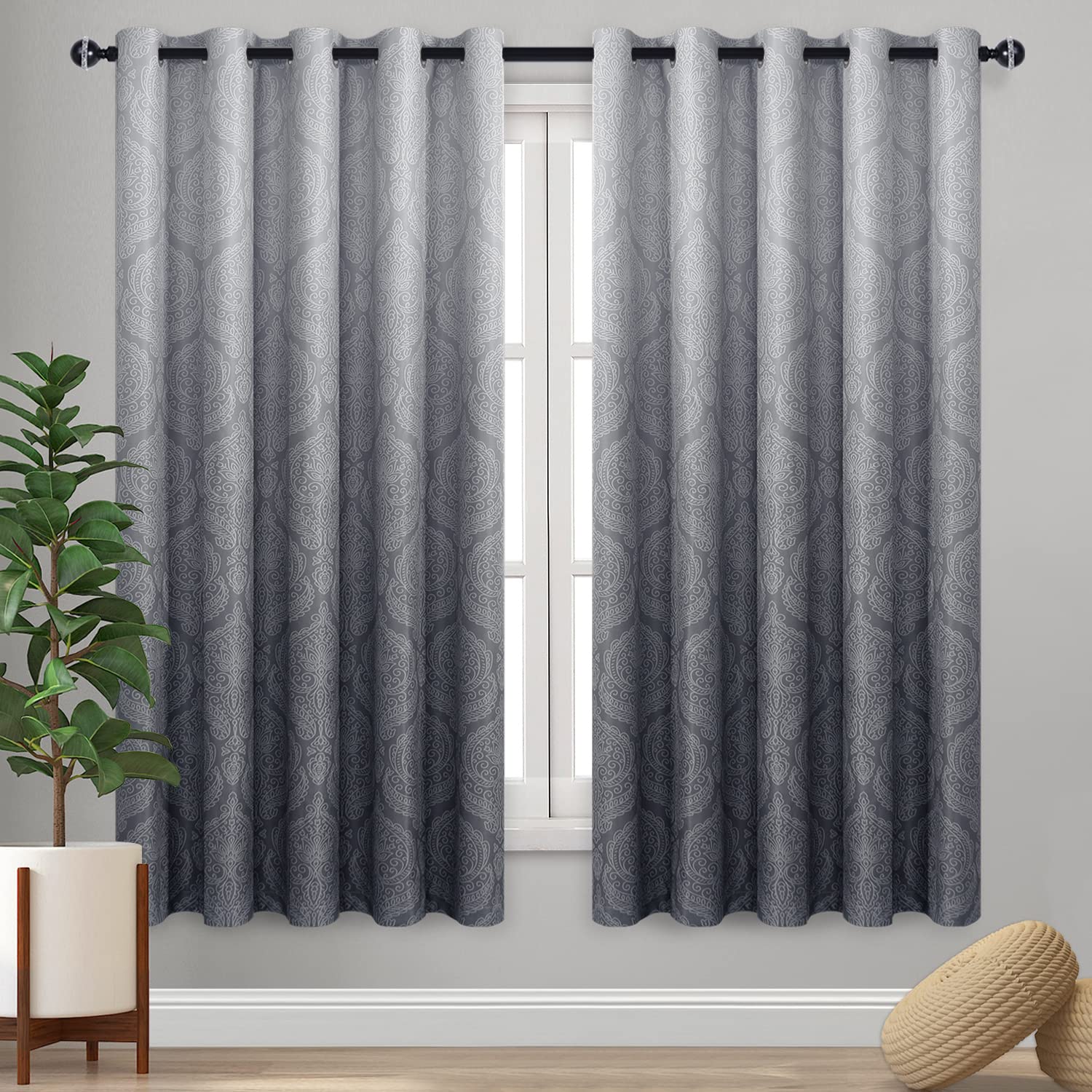 DWCN Ombre Blackout Curtains for Bedroom - Damask Patterned Thermal Insulated Energy Saving Grommet Curtains for Living Room, Set of 2 Gradient Window