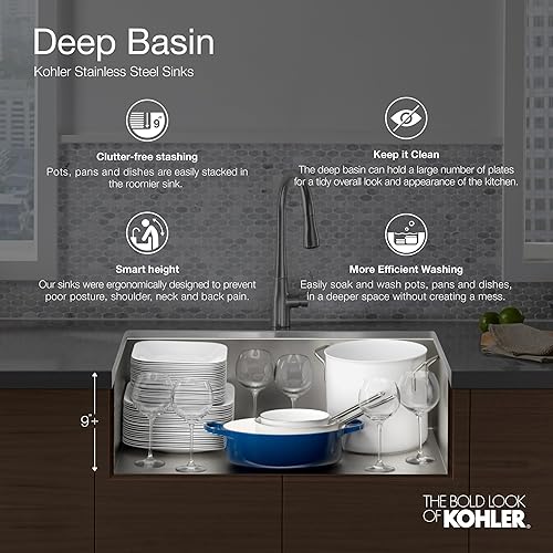 Miniatura 9 de KOHLER Fregadero de cocina Task K-80086-1PC-NA de doble montaje de acero inoxidable, fregadero de estación de trabajo de 27", grifo de 1 agujero,