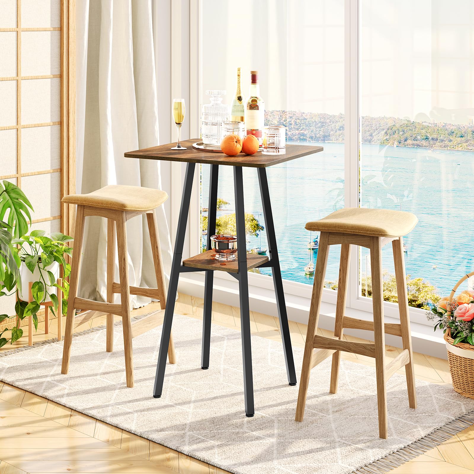 HOOBRO Mesa de Bar, Mesa Alta de 2 Niveles, Mesita de Cocina Pequeña con Almacenaje, para Sala de Estar, Fácil Montaje, Marrón Rústico y Negro EBF51BT01