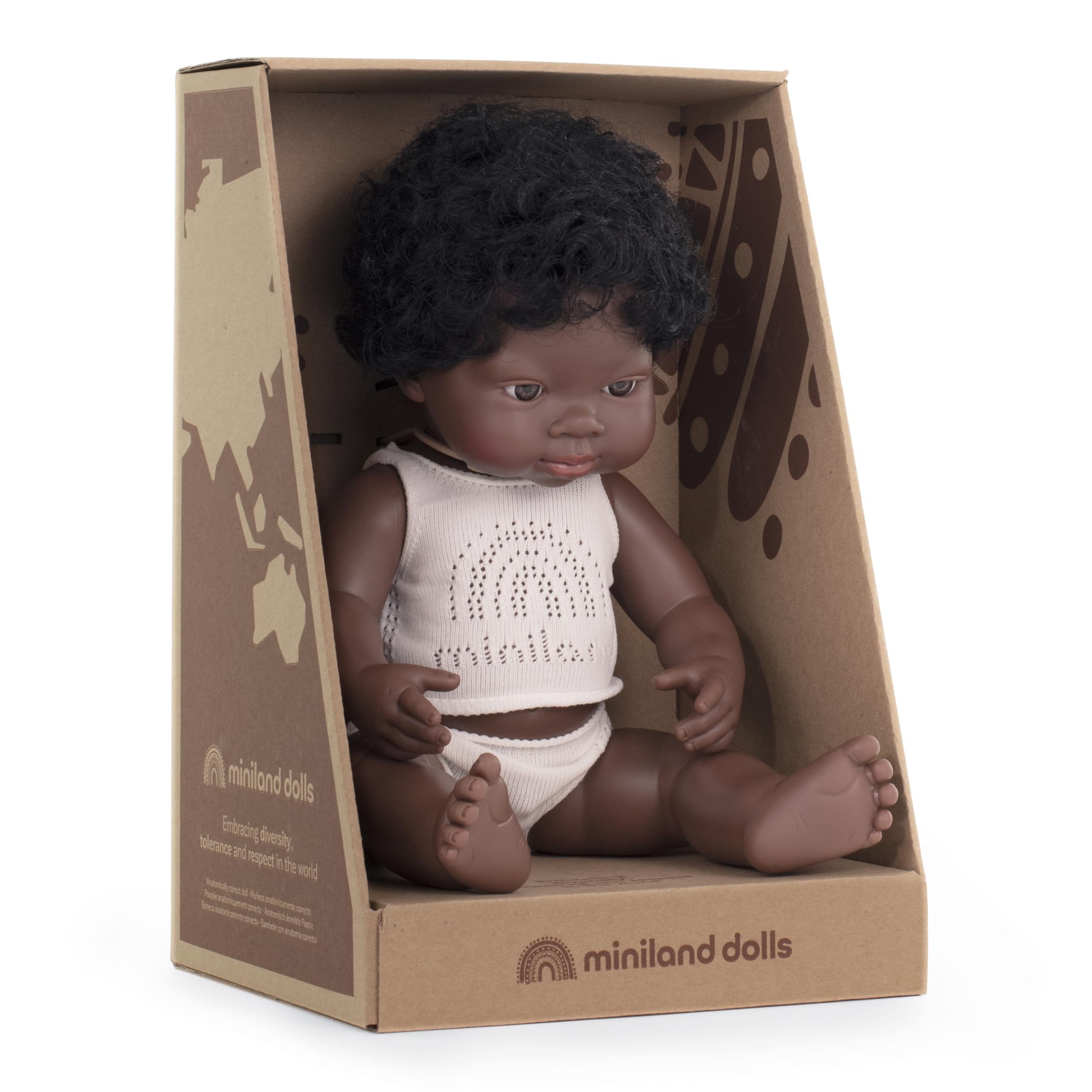 Miniland Doll 15'' African Boy (Box) - Made in Spain, Anatomically Correct, Quality