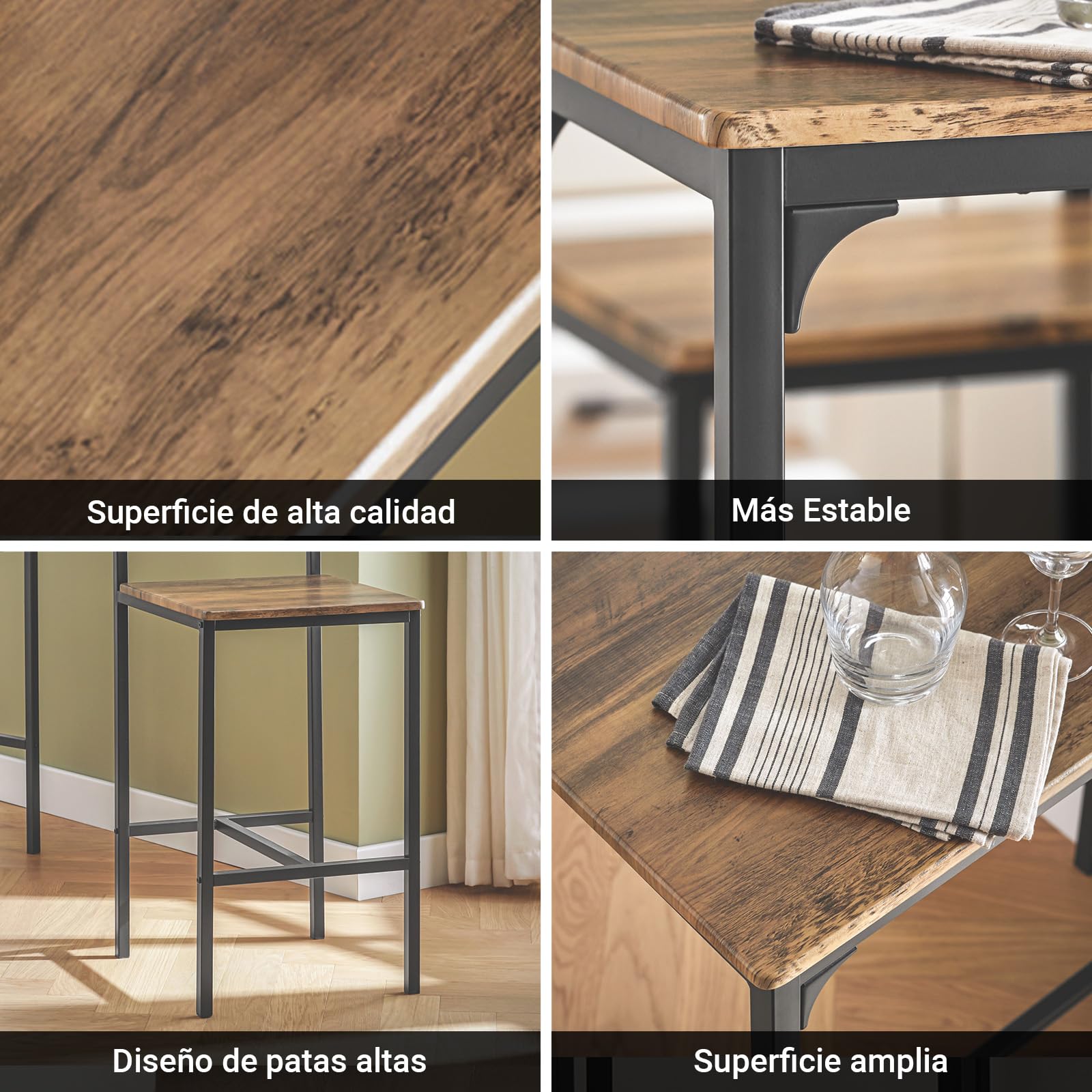 SoBuy Conjunto Mesa Alta de Cocina con 2 taburetes Altos – Mesa Barra Cocina 100 cm Altura – Ahorra Espacio para Comedor pequeño o balcón – Estilo Industrial Madera y Metal OGT03-XL