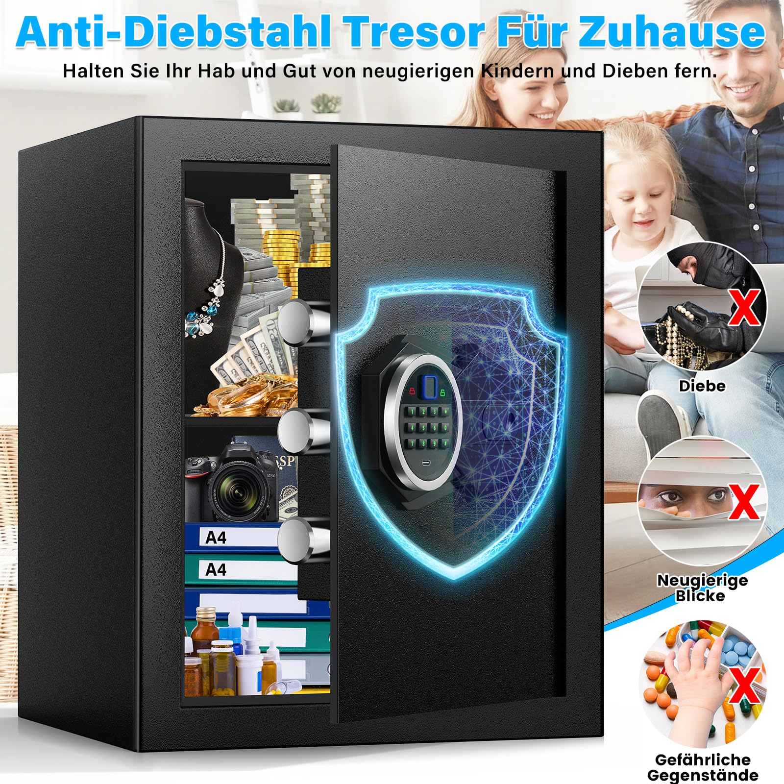 Mejasg 45L Cassaforte con impronta digitale con borsa ignifuga A4, cassaforte con impronta digitale per la casa con scaffale estraibile e sistema di allarme duale, cassaforte digitale per contanti