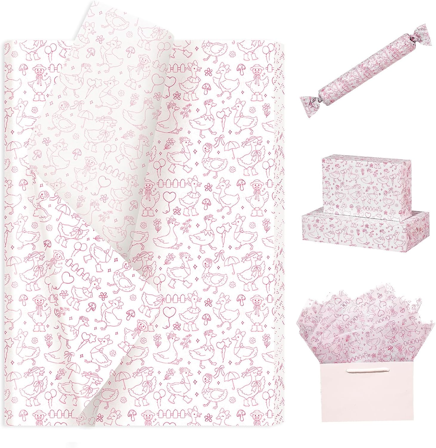 Pineraap 100 Sheets Goose Tissue Paper, Pink Floral Silly Goose Printed Tissue Paper, Farm Animal Gift Wrap for Girls Birthday, Baby Shower, Wedding, Bridal Party Gift Bags Decor, 19.7×13.8 in