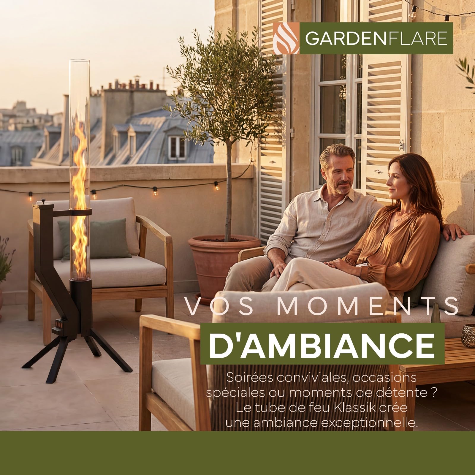 GARDENFLARE Torche à Pellet pour Jardin & Terrasse – Cheminée à Pellet Noire, Brasero Granulés Élégant, Flamme jusqu'à 1m, Brûle 75 Min, Acier Inoxydable, Conçu en Allemagne