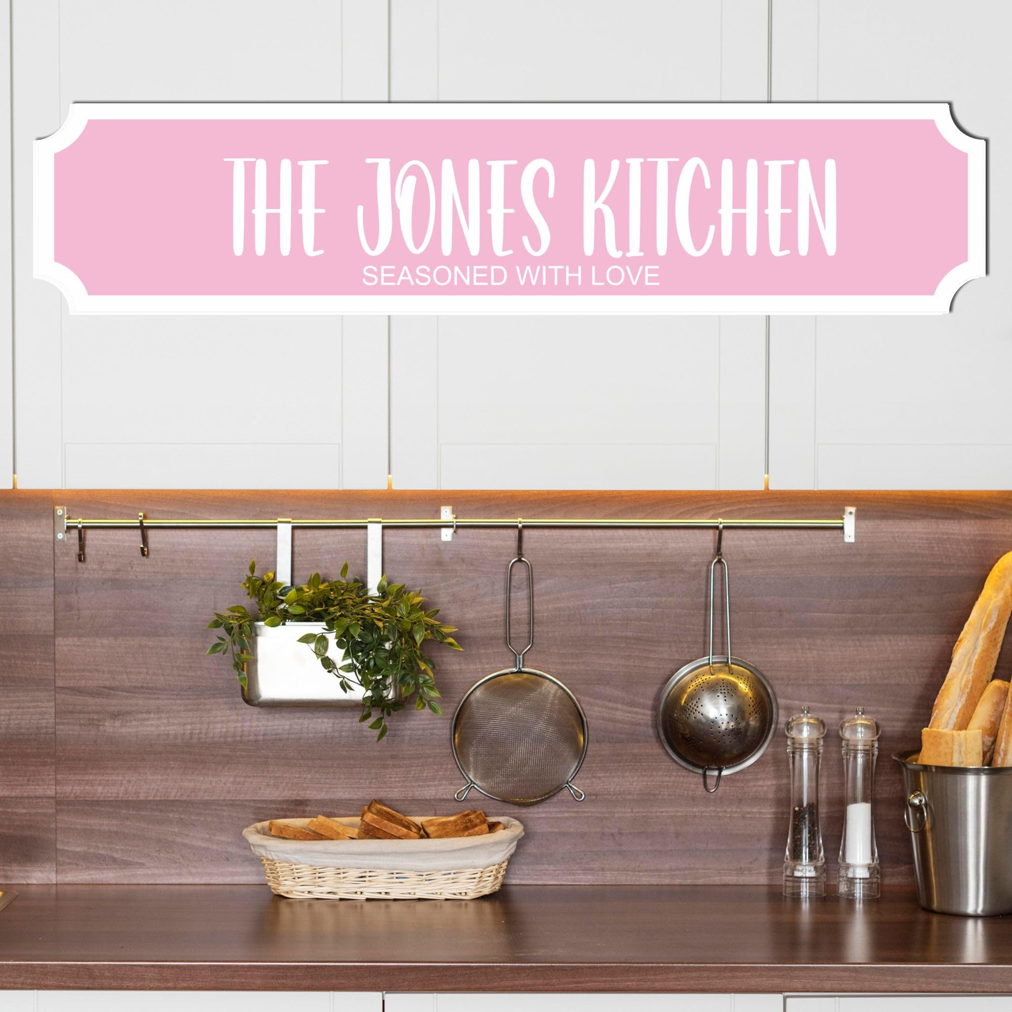 Personalised Street Sign Plaque – Custom Family Surname Kitchen | Seasoned With Love | Home Décor Gift Customised Family Kitchen Street Sign (Pale Pink, MDF Wood Extra Large: 59cm x 13cm)