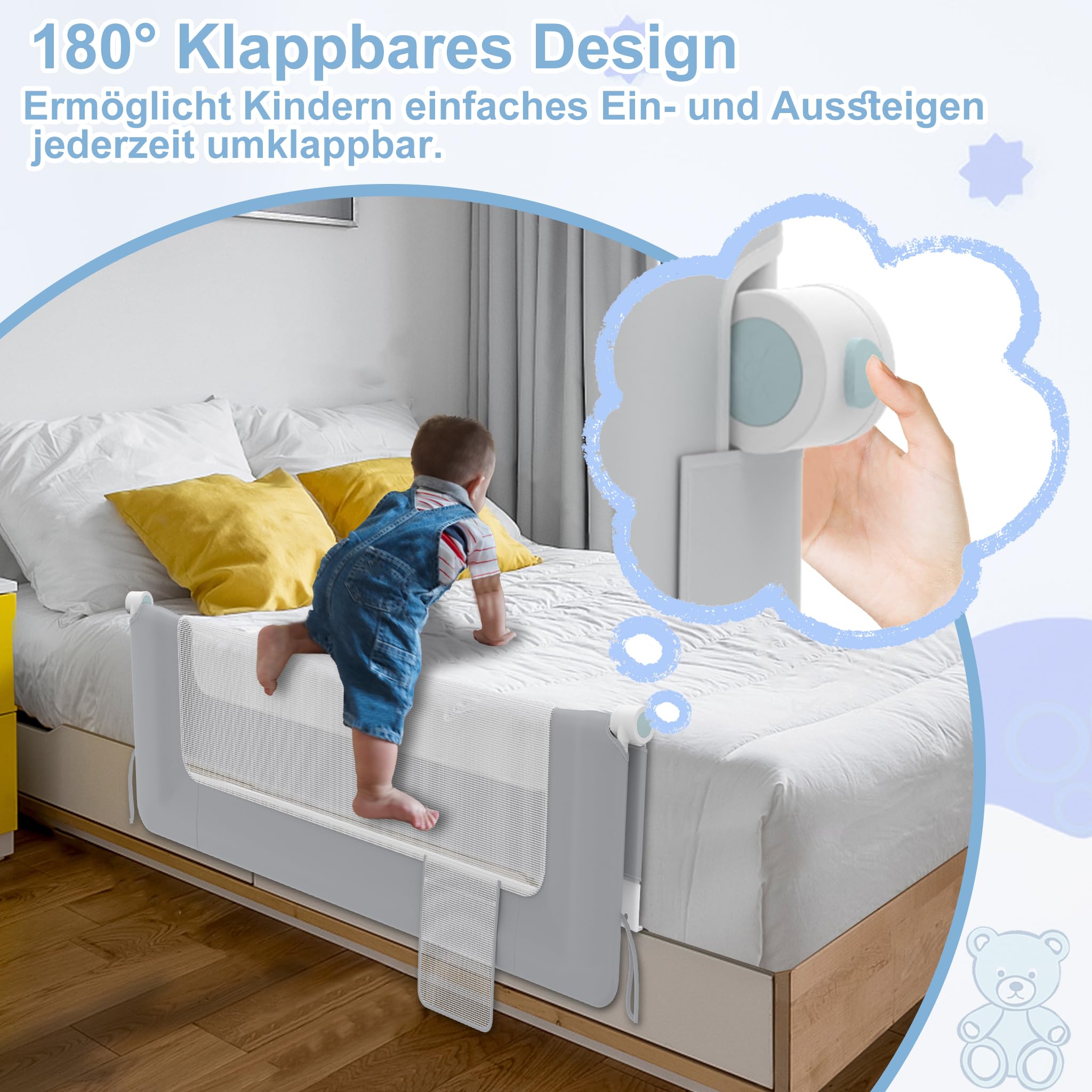 YRHome Griglia di protezione per letto da 150 cm, pieghevole, girevole a 180 gradi, per bambini, rete ariosa, regolabile in altezza, per lettino, letto dei genitori (grigio)