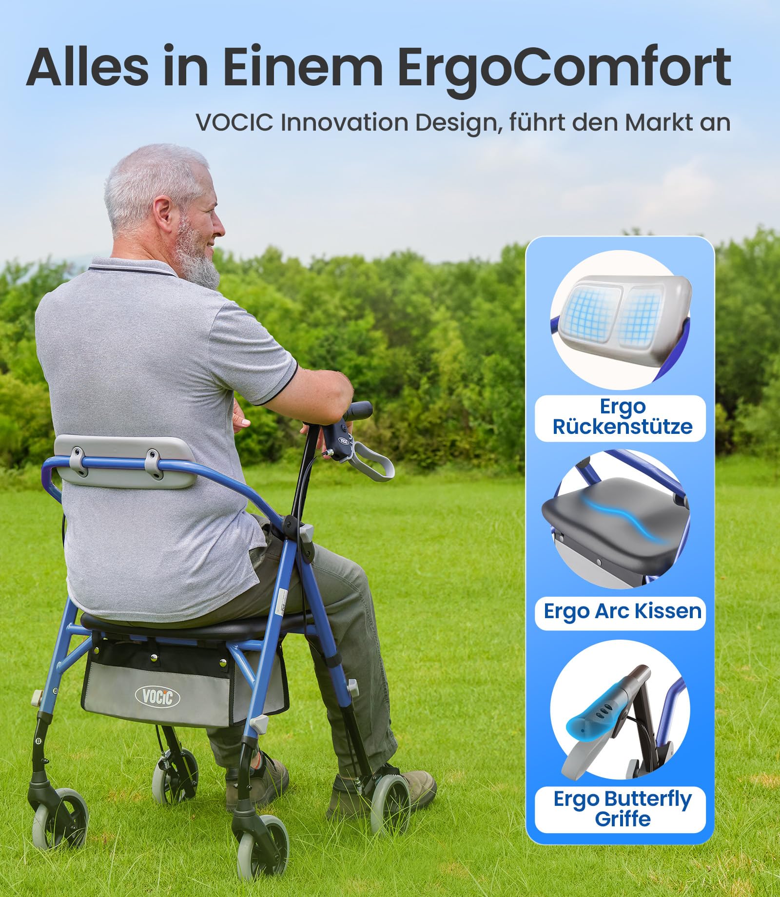 VOCIC Z11 Rollator faltbar und leicht mit Sitz,Max 172kg,Schmal für wohnung | Rollatoren leicht klappbar für Senioren, Sitz & Griff – Ergonomisch & Höhenverstellbar,Walker Meeresblau, 5 Jahre Support