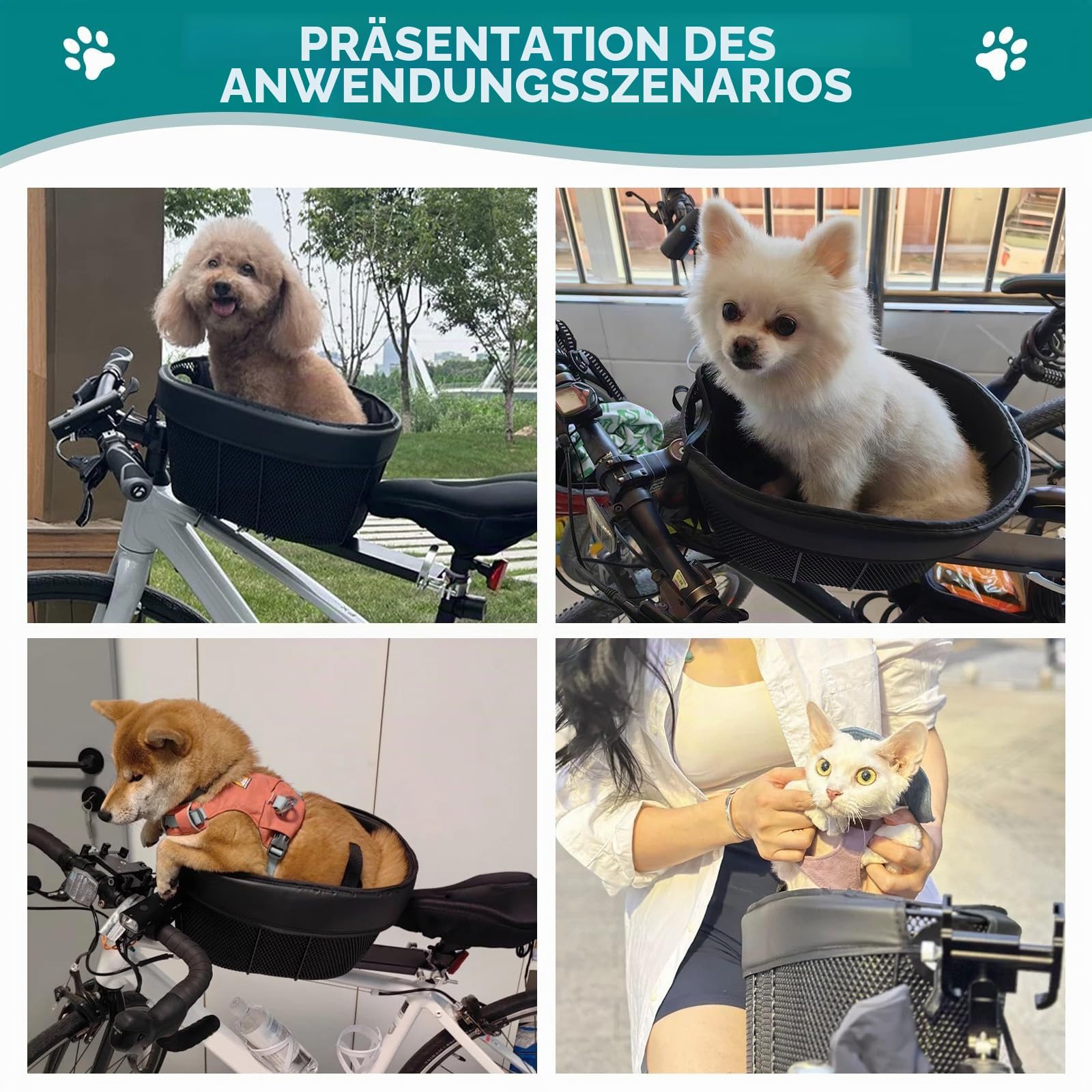 ACAGALA Hundefahrradkorb, Mountainbike-Einkaufskorb, tragbarer Katzen- und Hundeträger für die vordere Querstange des Fahrrads mit Sicherheitsgurt aus Schwammfutter (schwarz)