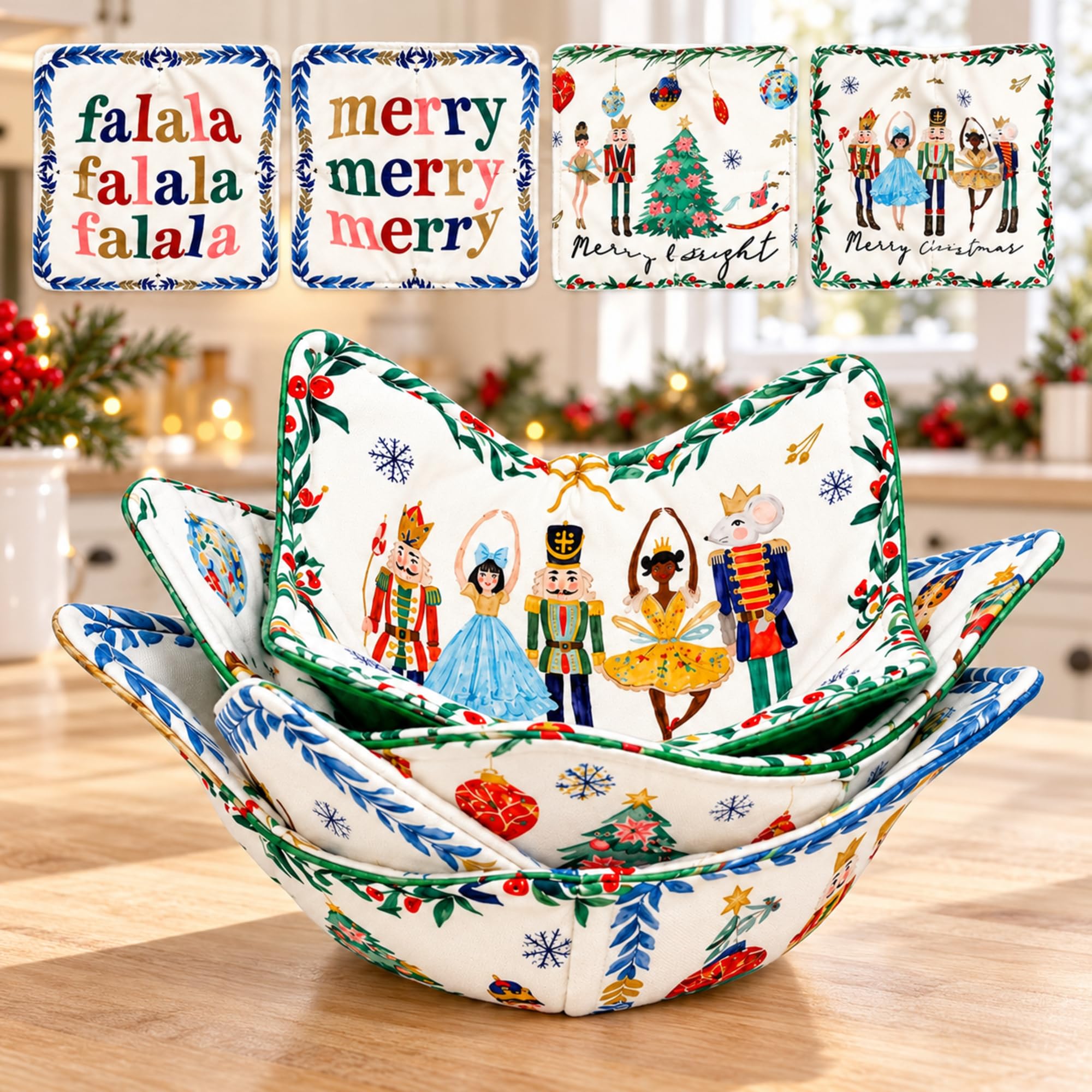 Bokon 4 Pcs Microwave Bowl Cozy Bowl Holder for Hot Food, Nutcracker