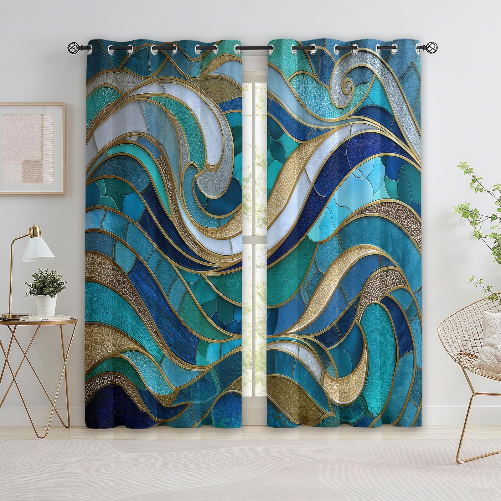 3D Effekt Mosaik Blickdichte Verdunkelungsvorhänge für Wohnzimmer H 245 x B 140 cm (2er Pack) - Buntes Glas Wellen Thermo Vorhänge Schlafzimmer Deko - Gardinen mit Ösen Cyan