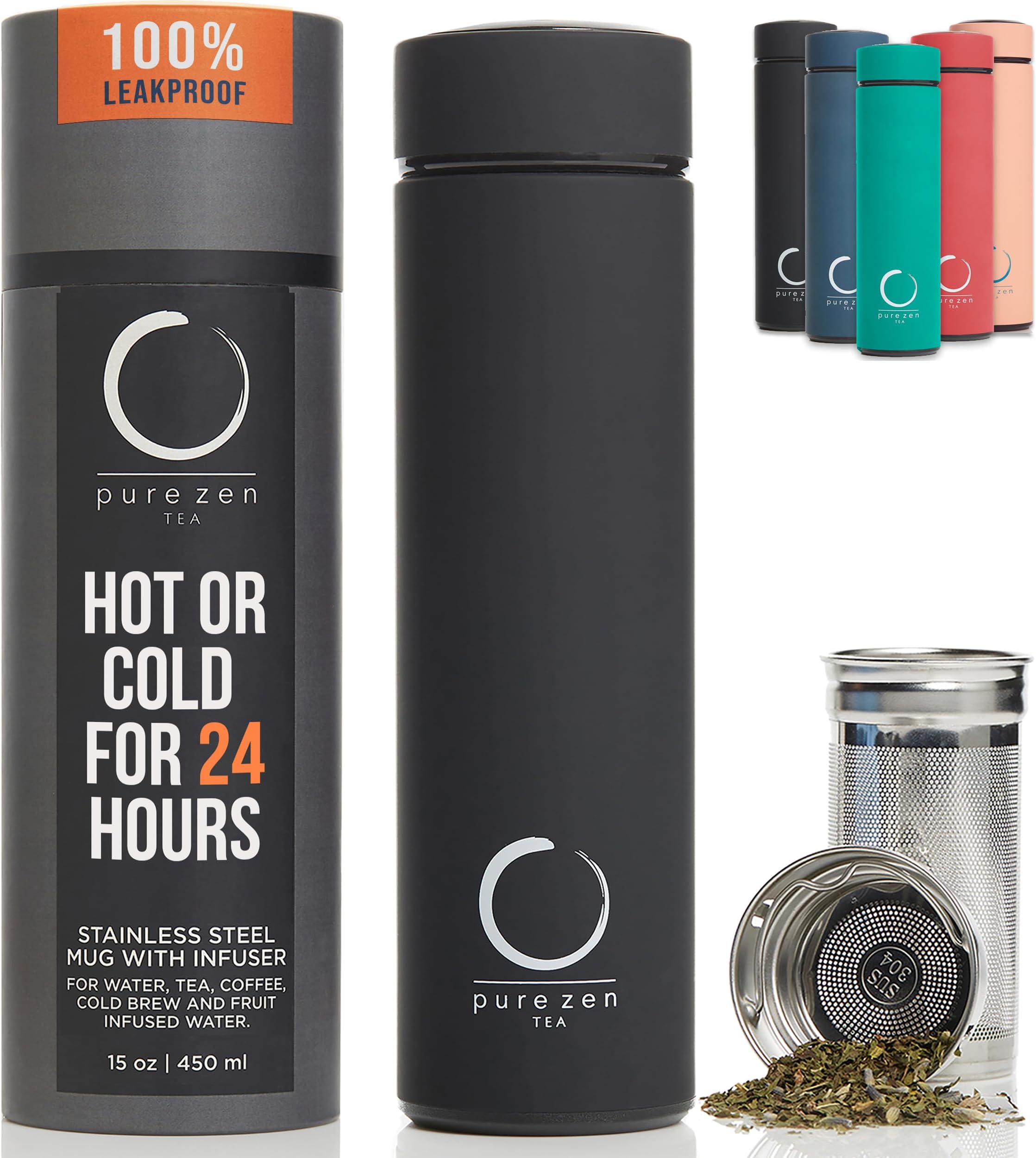 Pure Zen Tea Thermos with Infuser for Tea, Coffee and Fruit-Infused Water - Stainless Steel - Tea Infuser Bottle - Tea Tumbler with Infuser - Leakproof Tea Bottle - Travel Tea Mug - 15oz - Black