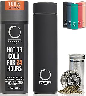 Pure Zen Tea Thermos with Infuser for Hot and Cold Infusions, Coffee and Fruit-Infused Water - Stainless Steel - Tea Infuser Bottle - Leakproof Travel Mug with Filter - 15oz - Black