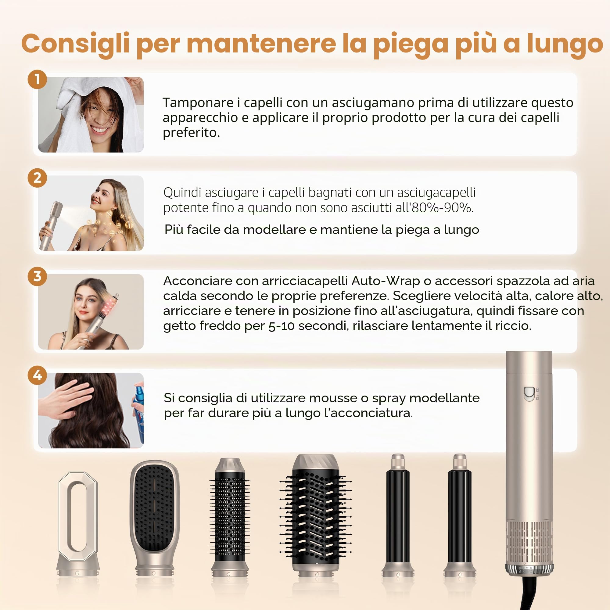 UKLISS Hairstyler Airstyler 6 in 1 Asciugacapelli, Set di Spazzole per Asciugacapelli 1000 W, Arricciacapelli con Aria, Spazzole per Styling, 3 Regolazioni della Temp, Regali Set per Donn (Oro)