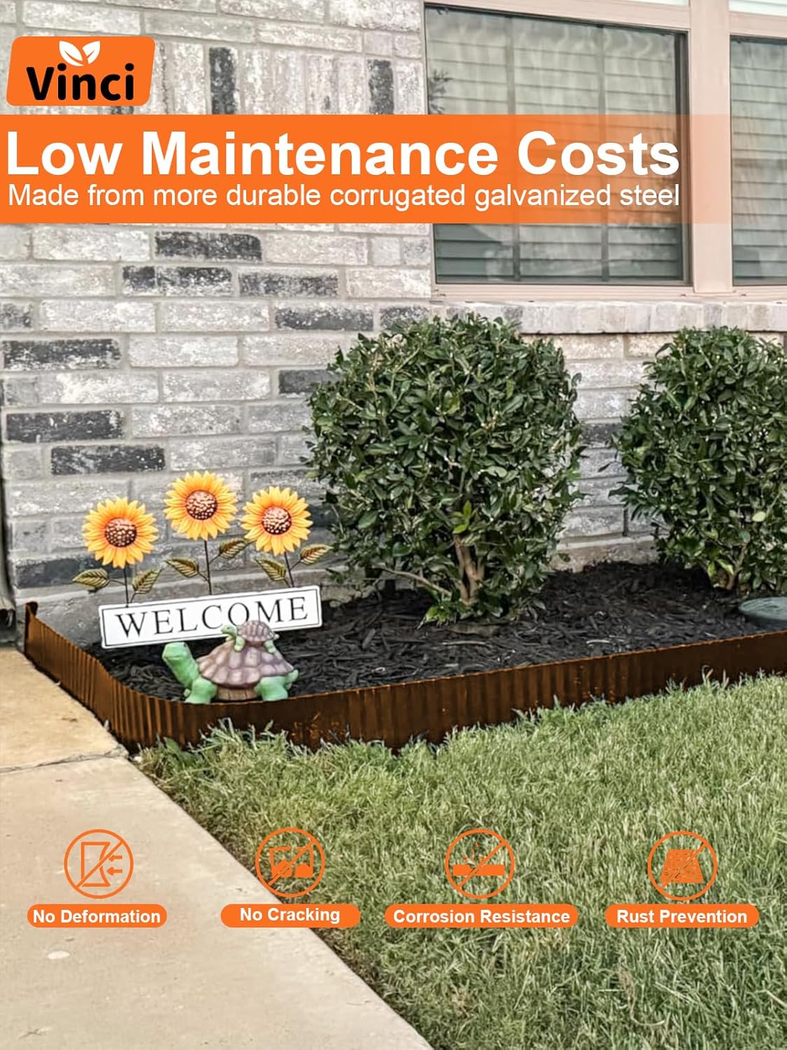 Vinci Garden Landscape Edging Border, 12 Inch x 20 FT Corrugated Sturdy Metal Easy Installation Safe Hemmed Lawn Garden Border Edges for DIY Flower Beds, Pathways and Patio Design (Brown)