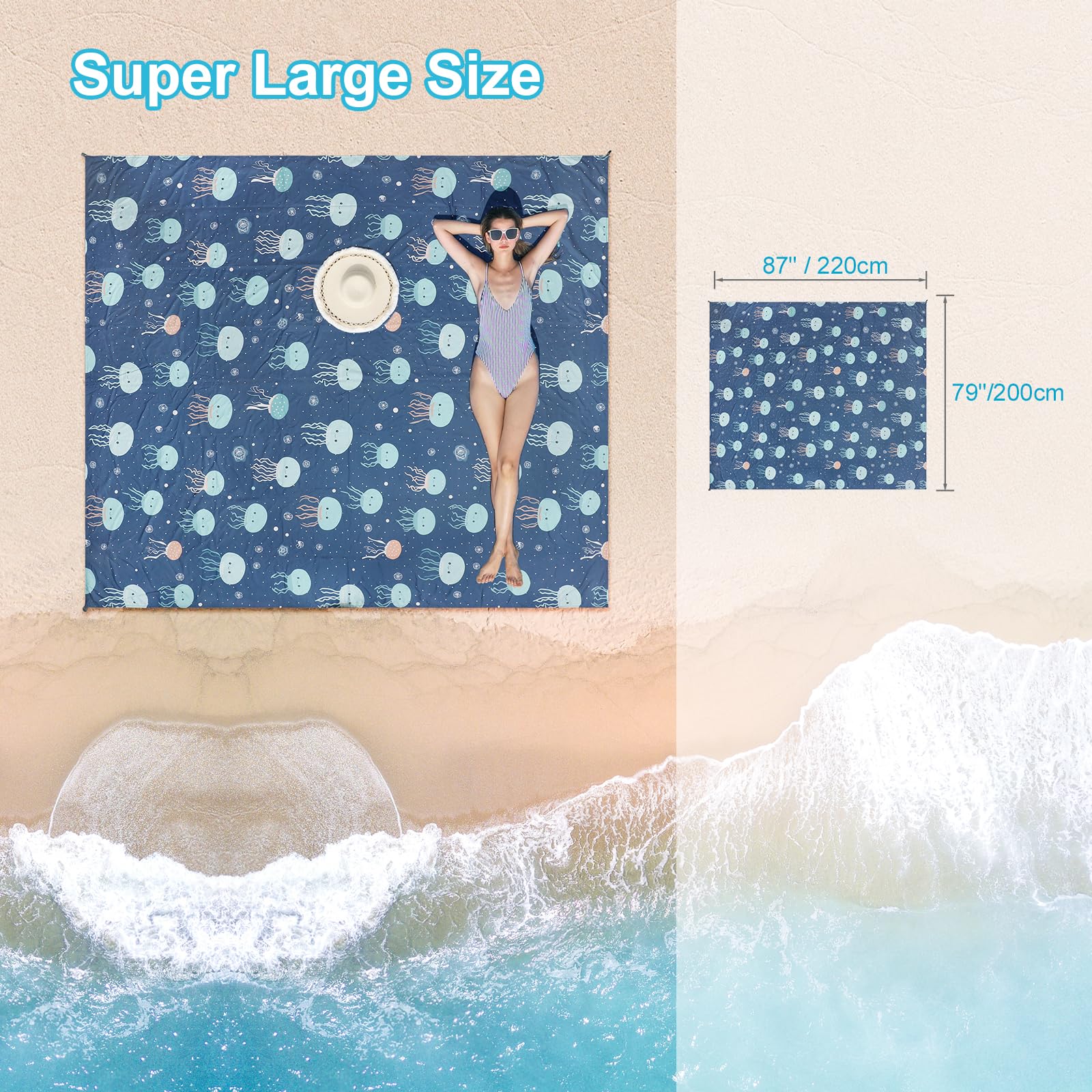 ISOPHO Coperta da spiaggia, Coperta da picnic, Tappetino da spiaggia antisabbia, Leggero e resistente per campeggio, viaggi, picnic sulla spiaggia (blu, 200 x 220cm)